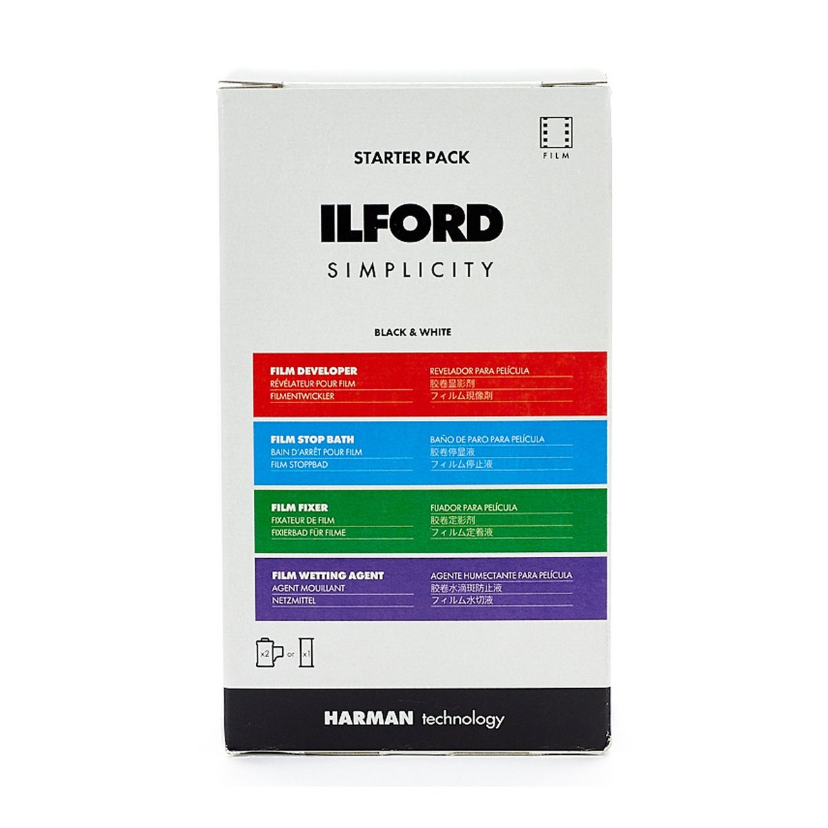 Ilford Simplicity Starter Kit Fotochemie zur SW-Filmentwicklung (2xKB oder 1xRF) - Frontansicht der Ilford Simplicity Starter Pack Verpackung für Schwarz-Weiss-Filmentwicklung.