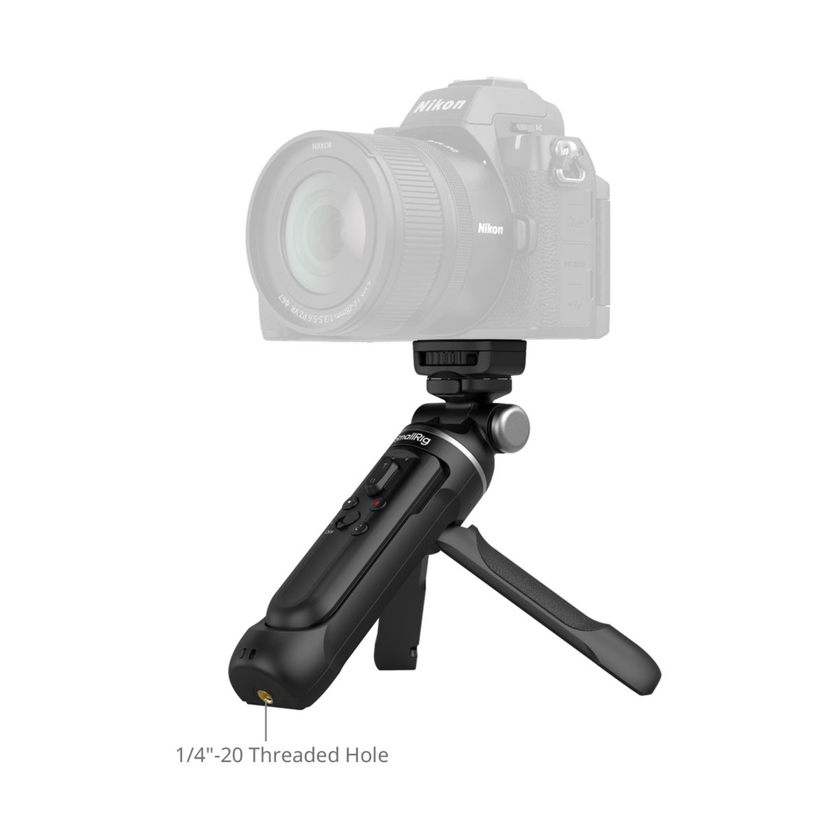 SmallRig 4551 SR-RG2 Multifunctional Wireless Shooting Grip, Handgriff - Anwendungsbeispiel: SmallRig Griff als Stativ mit montierter Nikon Kamera, Detail 1/4"-20 Gewindeloch. SmallRig 4551 SR-RG2 Multifunctional Wireless Shooting Grip, Handgriff - Anwendungsbeispiel: SmallRig Griff als Stativ mit montierter Nikon Kamera, Detail 1/4"-20 Gewindeloch.