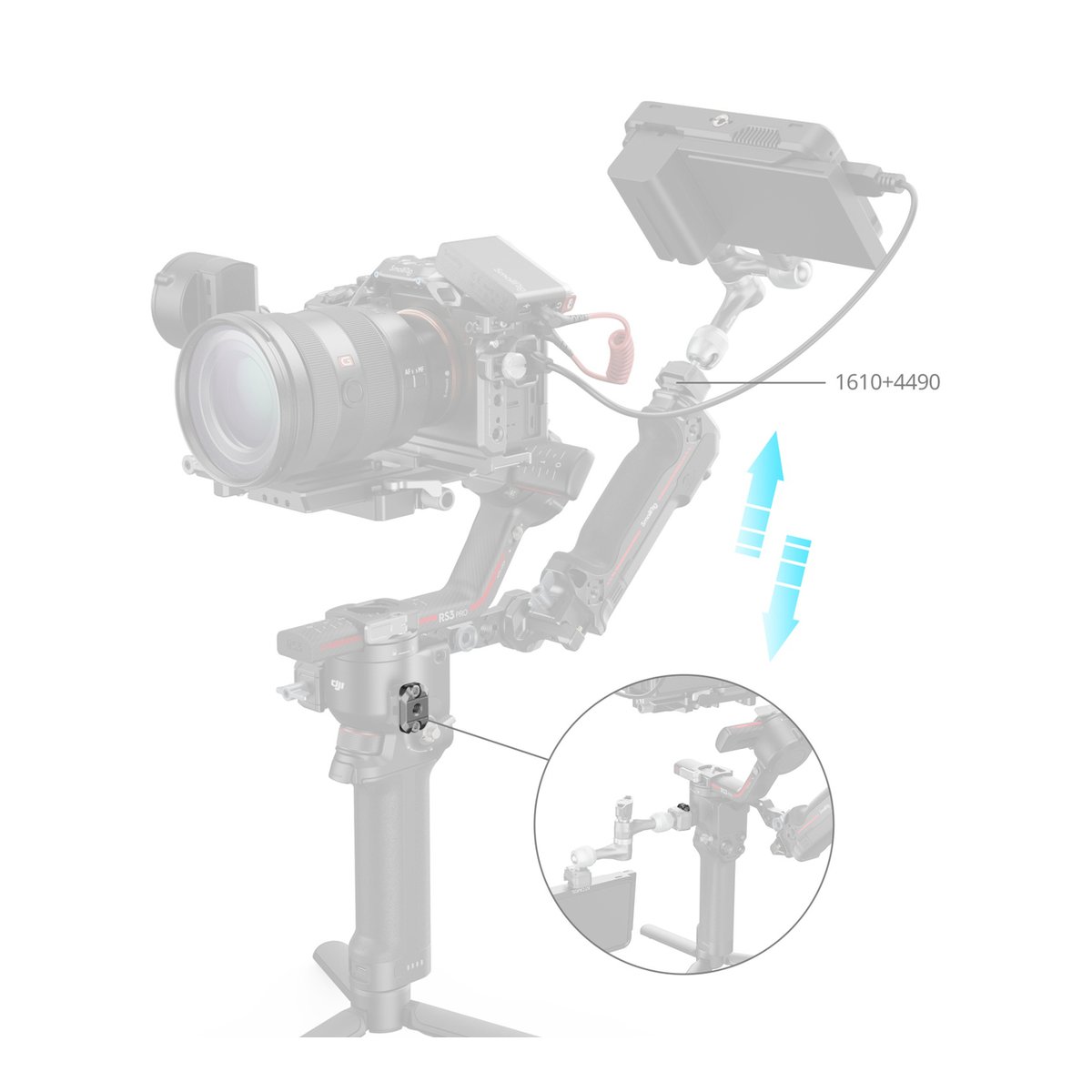 SmallRig 4640 HawkLock H21 QR mini NATO Rail für DJI Stabilizers - Anwendungsbeispiel: Gimbal mit Kamera und verstellbarem Monitor, Detailaufnahme des Montagepunkts