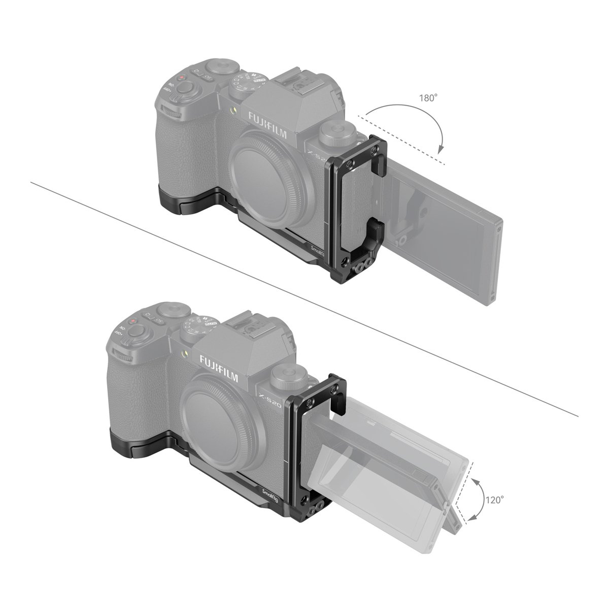 SmallRig 4231 L-Bracket für Fujifilm X-S20 - Anwendungsbeispiel: Kamerabildschirm-Halterung mit 180° Drehung und 120° Neigung des Bildschirms