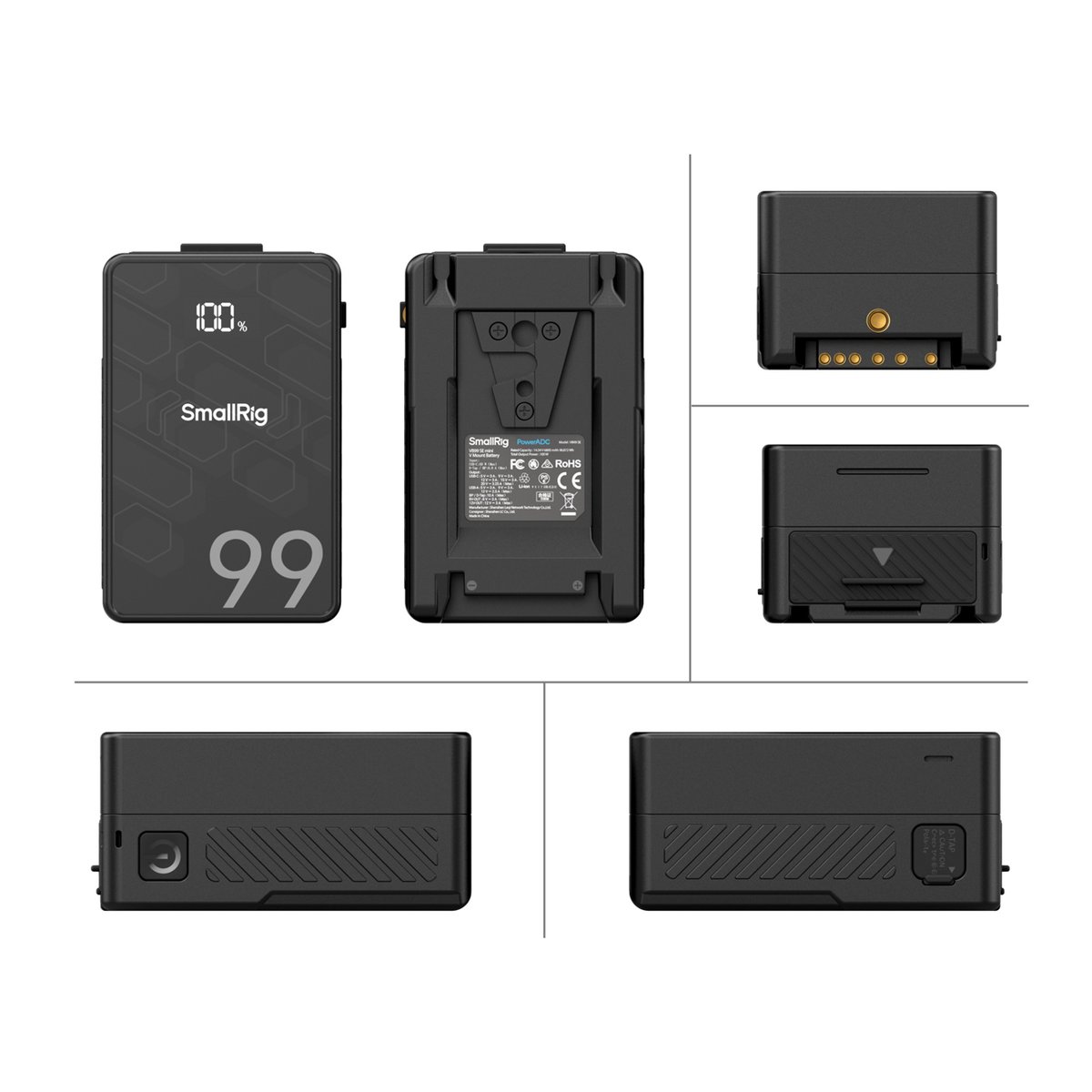 SmallRig 4608 VB99 SE mini V-Mount Akku - Produktansichten: Front-, Rück- und Seitenansichten des SmallRig V-Mount Akkus. SmallRig 4608 VB99 SE mini V-Mount Akku - Produktansichten: Front-, Rück- und Seitenansichten des SmallRig V-Mount Akkus.