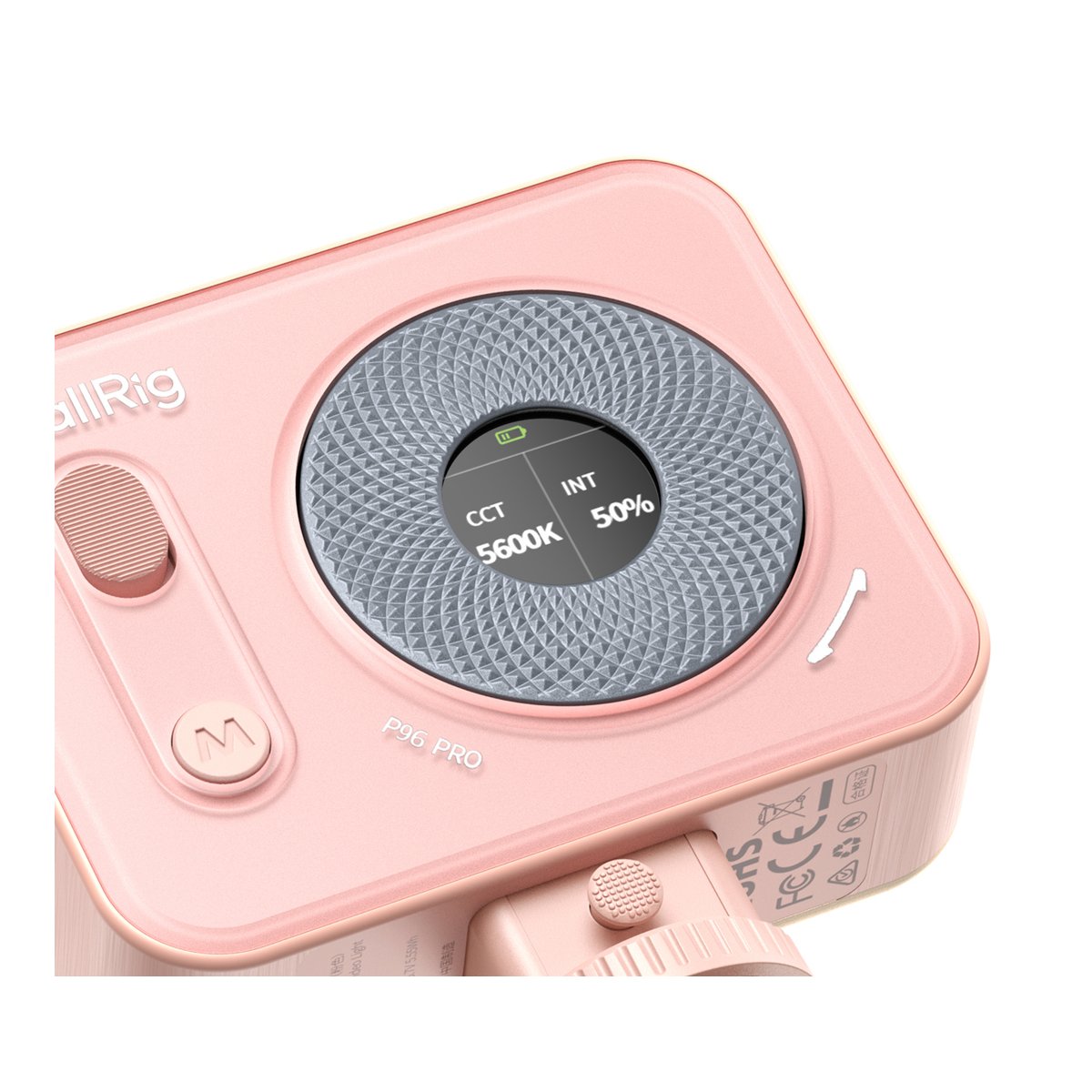 SmallRig 4786 Vibe P96 Pro Mini Pink LED-Videolicht - Detailansicht der Oberseite des pinken LED-Lichts mit Display (CCT 5600K, INT 50%) und Bedienelementen.