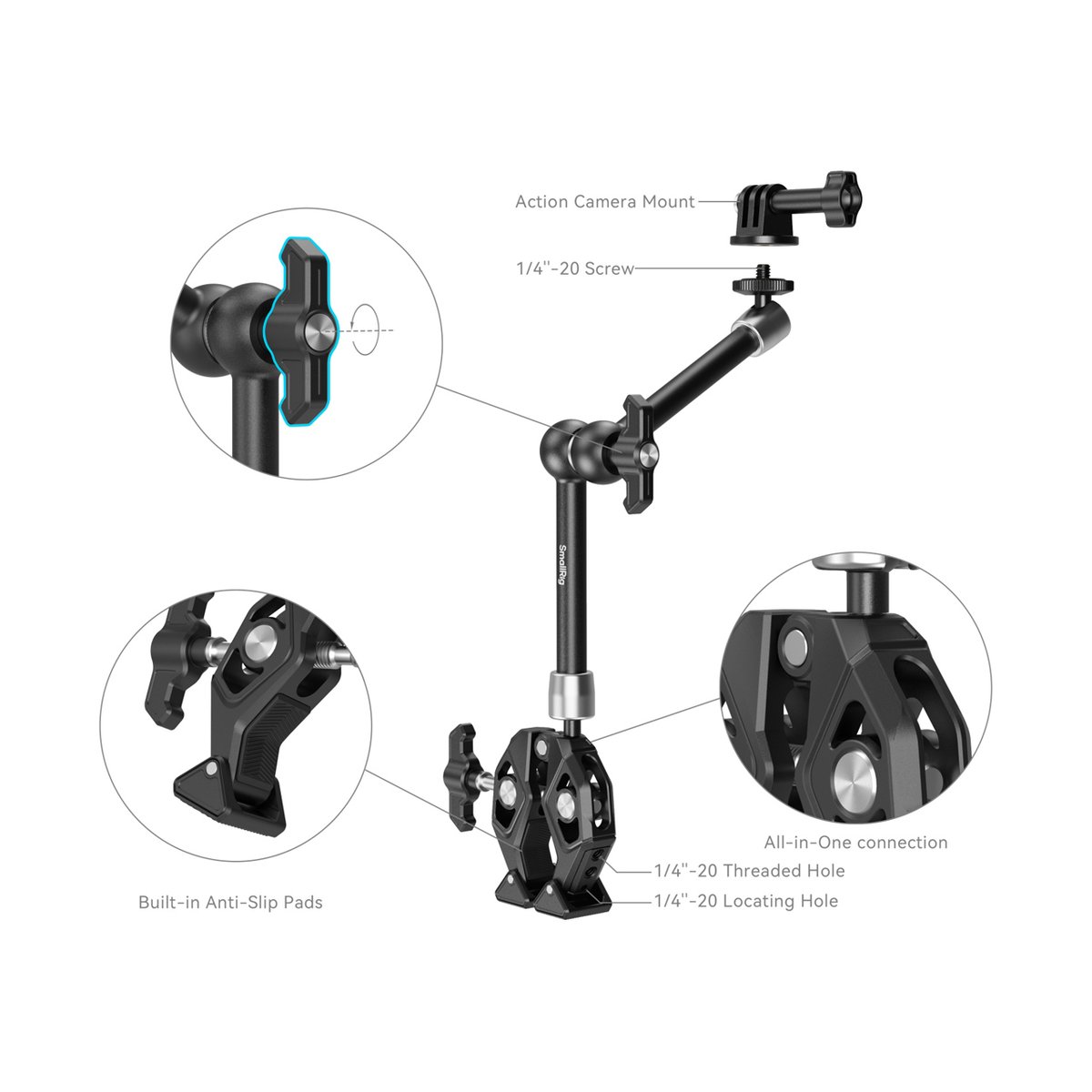 SmallRig 4454 Crap Shaped Clamp with Magic Arm - Detailansicht des Gelenkarms mit beschrifteten Anschlüssen und Funktionen