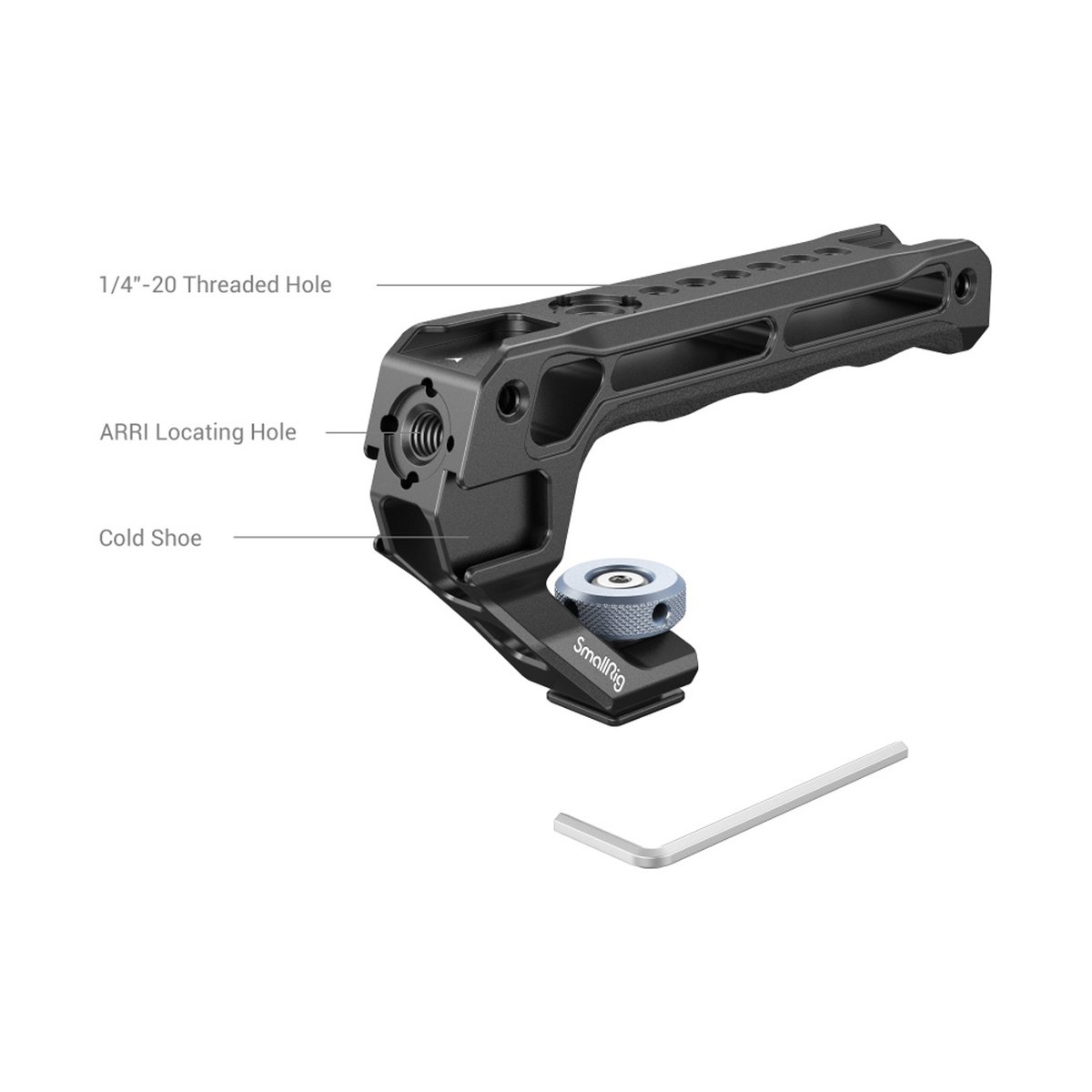 SmallRig 3764 Top Handle mit Cold Shoe Lite - Detailansicht des Kameragriffs mit beschrifteten Anschlüssen und Inbusschlüssel
