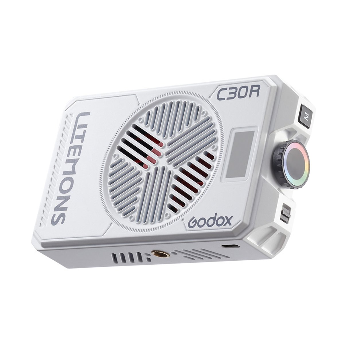 Godox C30R LITEMONS RGB Pocket LED Panel Light - Abgewinkelte Ansicht der Godox Litemons C30R LED-Videoleuchte mit Lüftungsgitter und Regler.