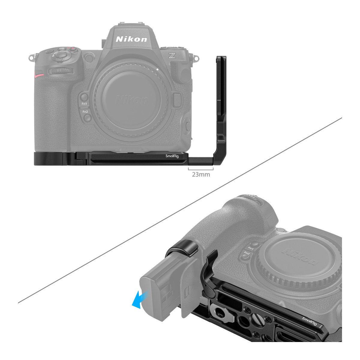 SmallRig 3942 L-Bracket für Nikon Z 8 - L-Winkel an Kamera: 23mm Bodenplatten-Länge; Detail ausziehbarer Batterie-Zugang an Unterseite.