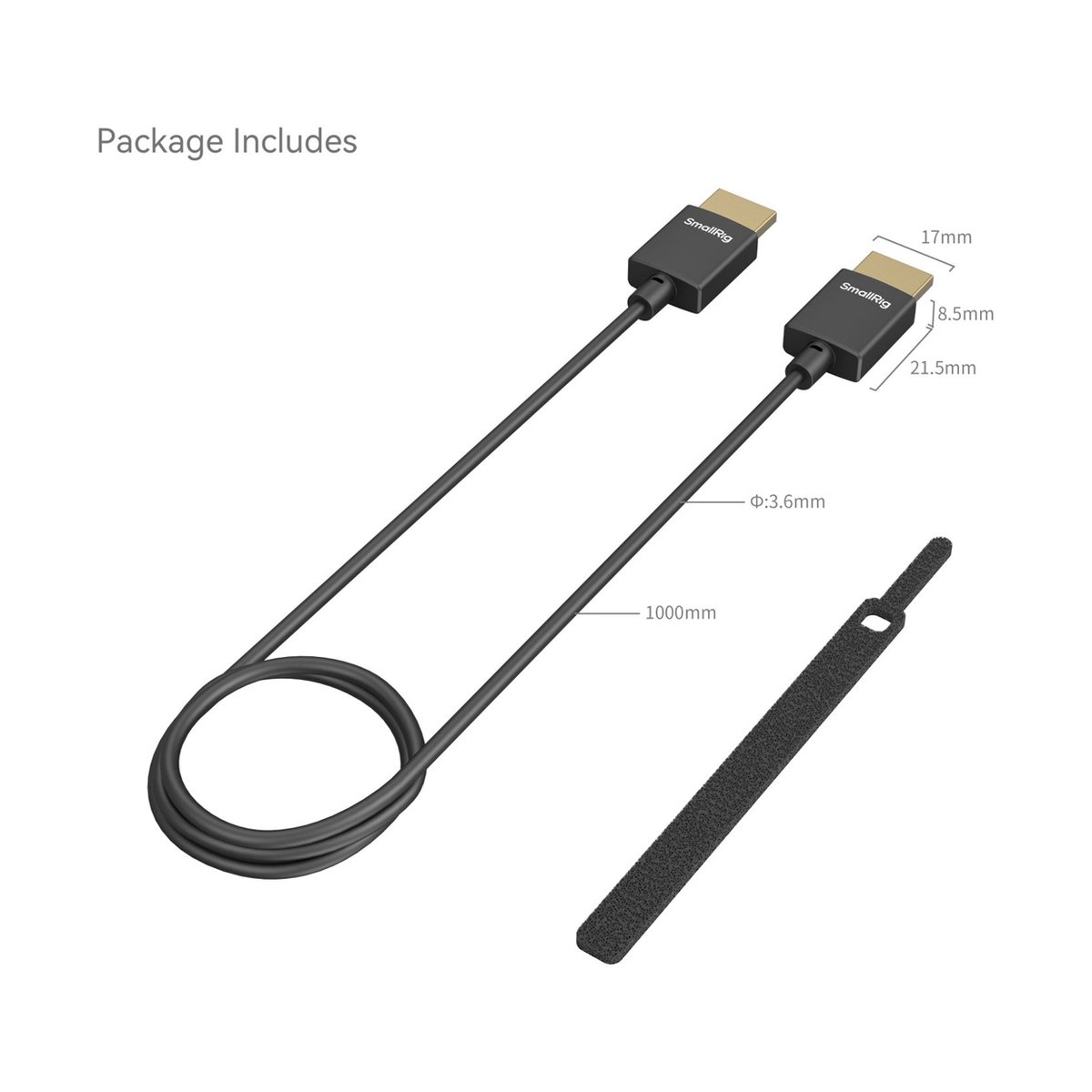 SmallRig 4794 Ultra-Slim 4K HDMI Data Cable A auf A (100cm) - Lieferumfang mit HDMI-Kabel, Kabelbinder und technischen Maßen.