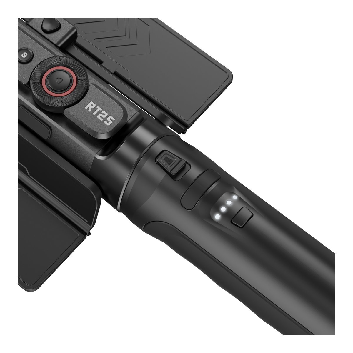 SmallRig 4342 RT25 Handleuchte mit Batteriehandgriff - Detailansicht Bedienelemente, Modell RT25 und LED-Statusanzeige des schwarzen Gimbals.