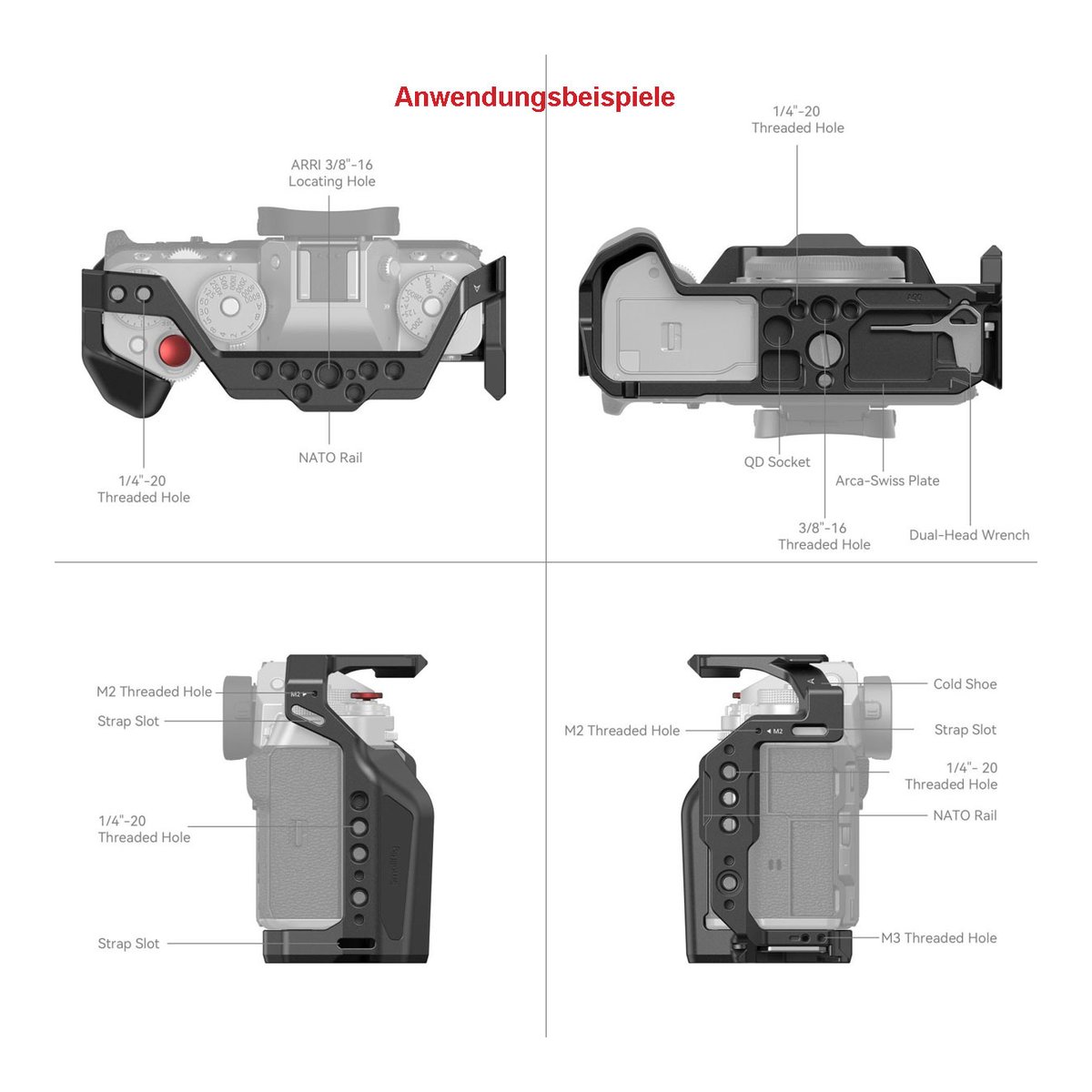 SmallRig 4135 Cage für Fujifilm X-T5 - Anwendungsbeispiele des Kamera-Cages: Top-, Boden- & Seitenansichten mit Beschriftung aller Befestigungspunkte und Anschlüsse.