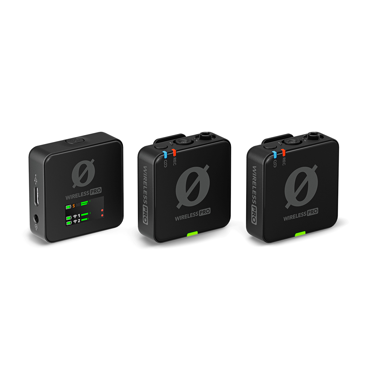 Rode Wireless Pro Drahtloses Mikrofonsystem Receiver (RX) und Transmitter (TX) des Rode Wireless Pro Drahtloses Mikrofonsystem von vorne fotografiert