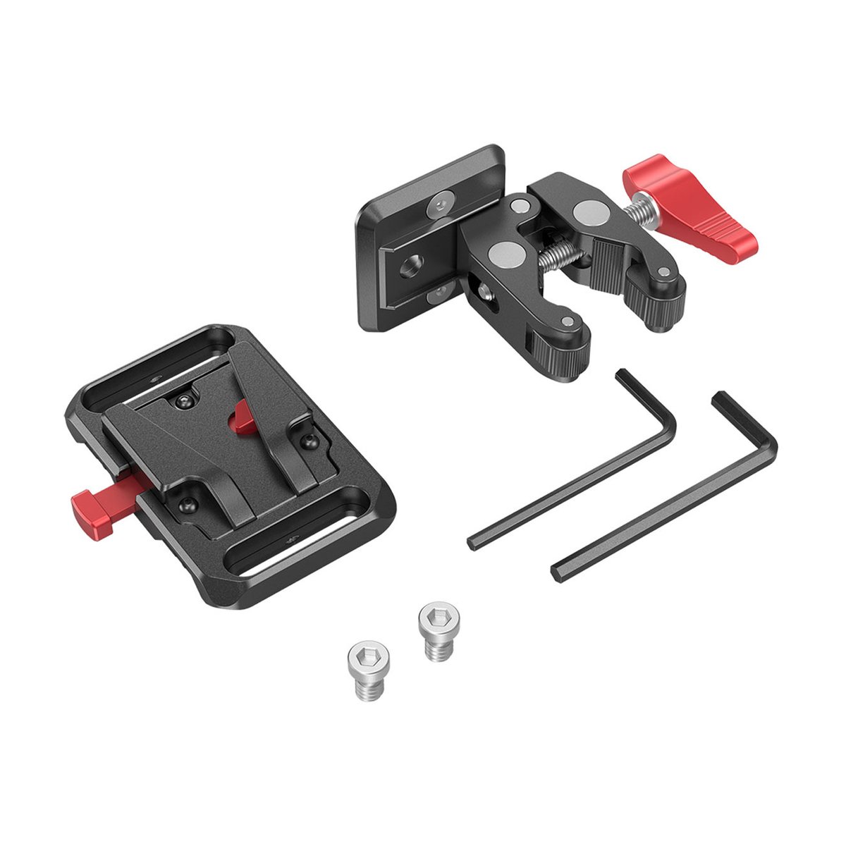 SmallRig 2989 Mini-V-Mount-Akkuadapter-Platte mit krabbenförmiger Klemme - Lieferumfang: Schnellwechselplatte, Super Clamp, 2 Inbusschlüssel, 2 Schrauben.