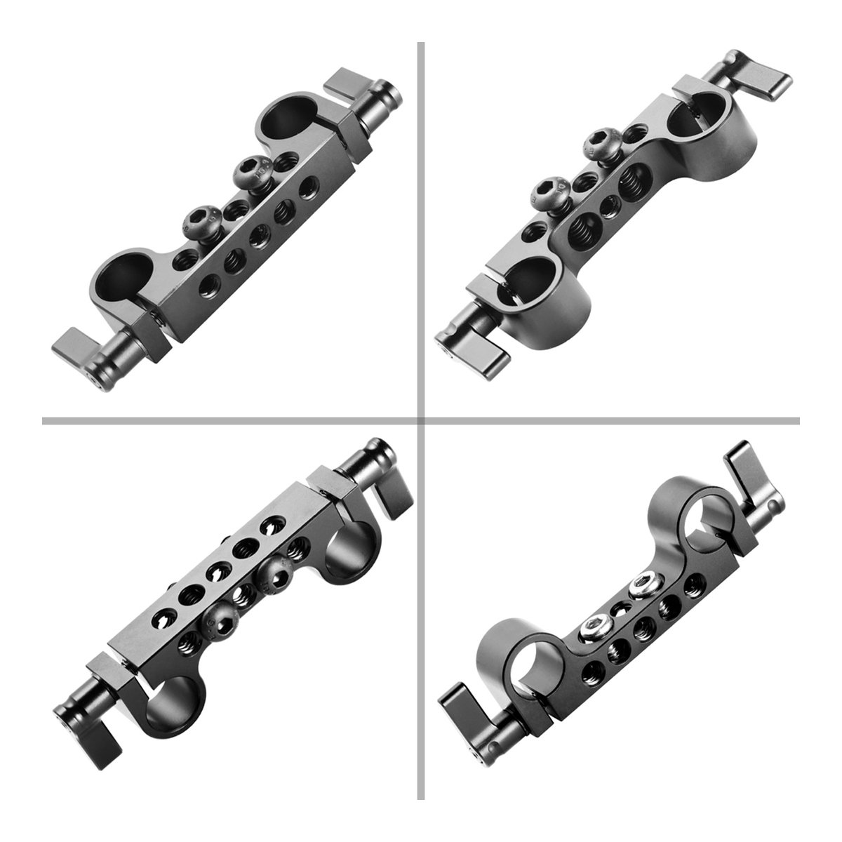 SmallRig 2061 Rod Klemme 15 mm 2 Stck. leichtgewichtig - Multi-Ansicht: Dunkelgrauer Metall-Rod Clamp mit zwei 15mm-Rohrhalterungen und Gewindebohrungen.