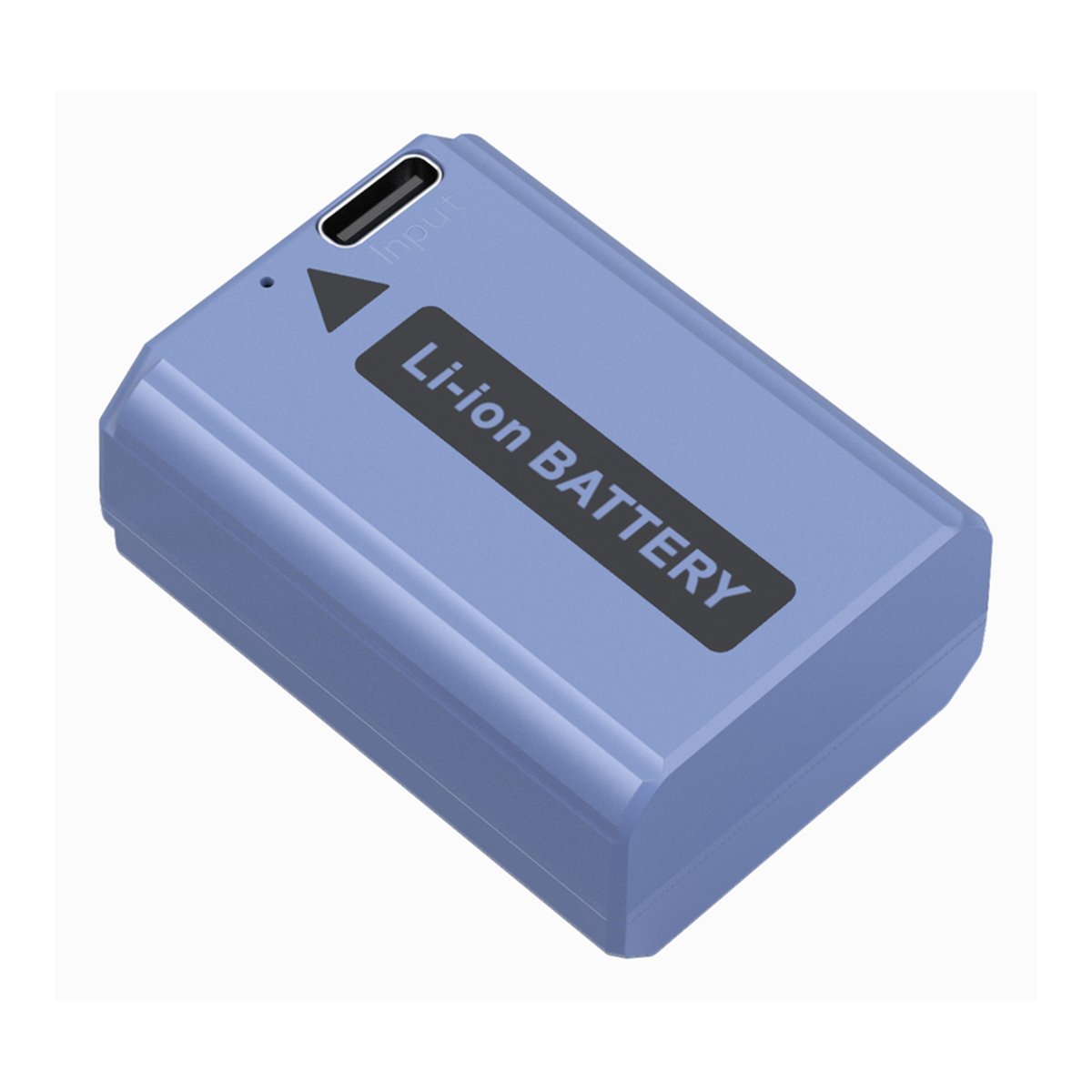 SmallRig 4330 NP-FW50 USB-C (Sony) aufladbare Kamerabatterie - Schräge Ansicht der blauen Li-ion Batterie mit Input-Anschluss.