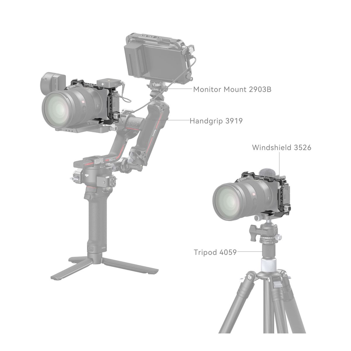 SmallRig 4257 Cage Kit Sony ZV-E1 - Anwendungsbeispiele: Kamera auf Gimbal-Setup mit Monitor/Handgriff & Kamera auf Stativ-Setup mit Windschutz