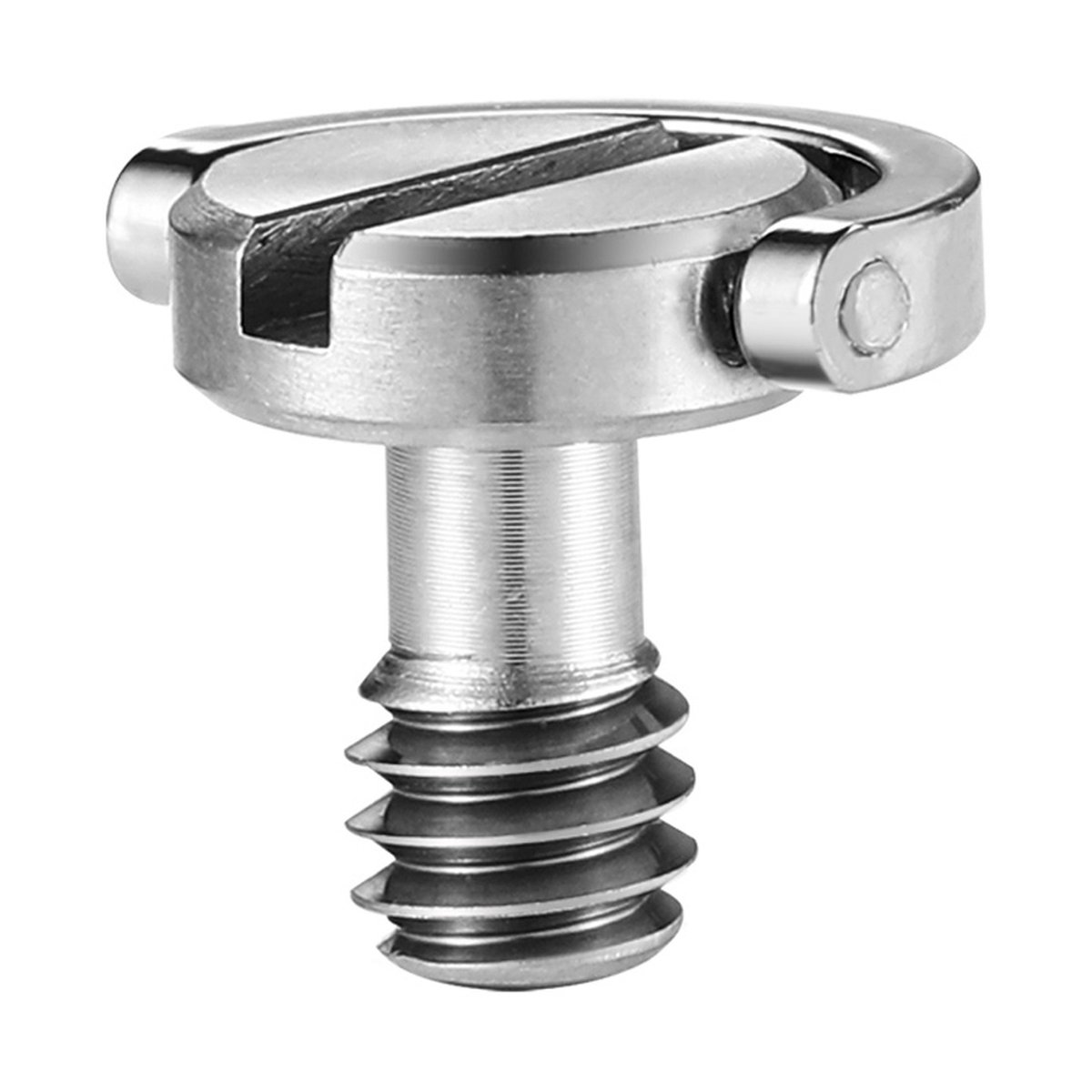 SmallRig 838 QR-Kamera Fixierschrauben mit D-Ring (2er-Pack) - Detailansicht: Silberne Metallschraube mit Schlitzkopf und schwenkbarem D-Ring. SmallRig 838 QR-Kamera Fixierschrauben mit D-Ring (2er-Pack) - Detailansicht: Silberne Metallschraube mit Schlitzkopf und schwenkbarem D-Ring.