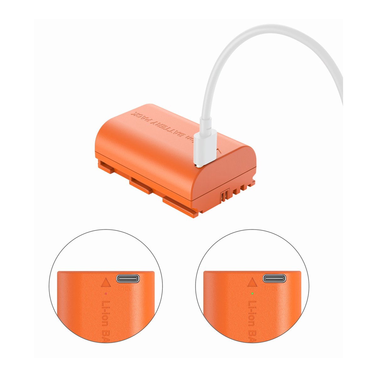 SmallRig 4968 LP-E6NH USB-C Rechargeable Camera Battery (Orange) - Orangefarbener Akku mit eingestecktem USB-C-Kabel; Detailansicht des USB-C-Anschlusses.