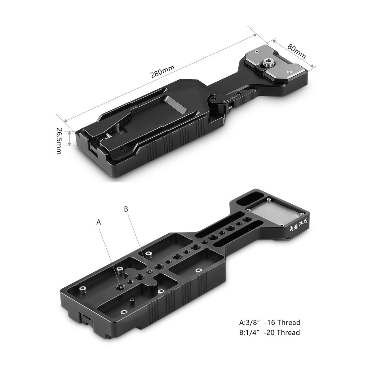 SmallRig 2169 VCT-14 Quick-Release Tripod-Platte nach VCT-14 Standard - Maßzeichnung der Kamerabasisplatte mit Maßen und Gewindearten.