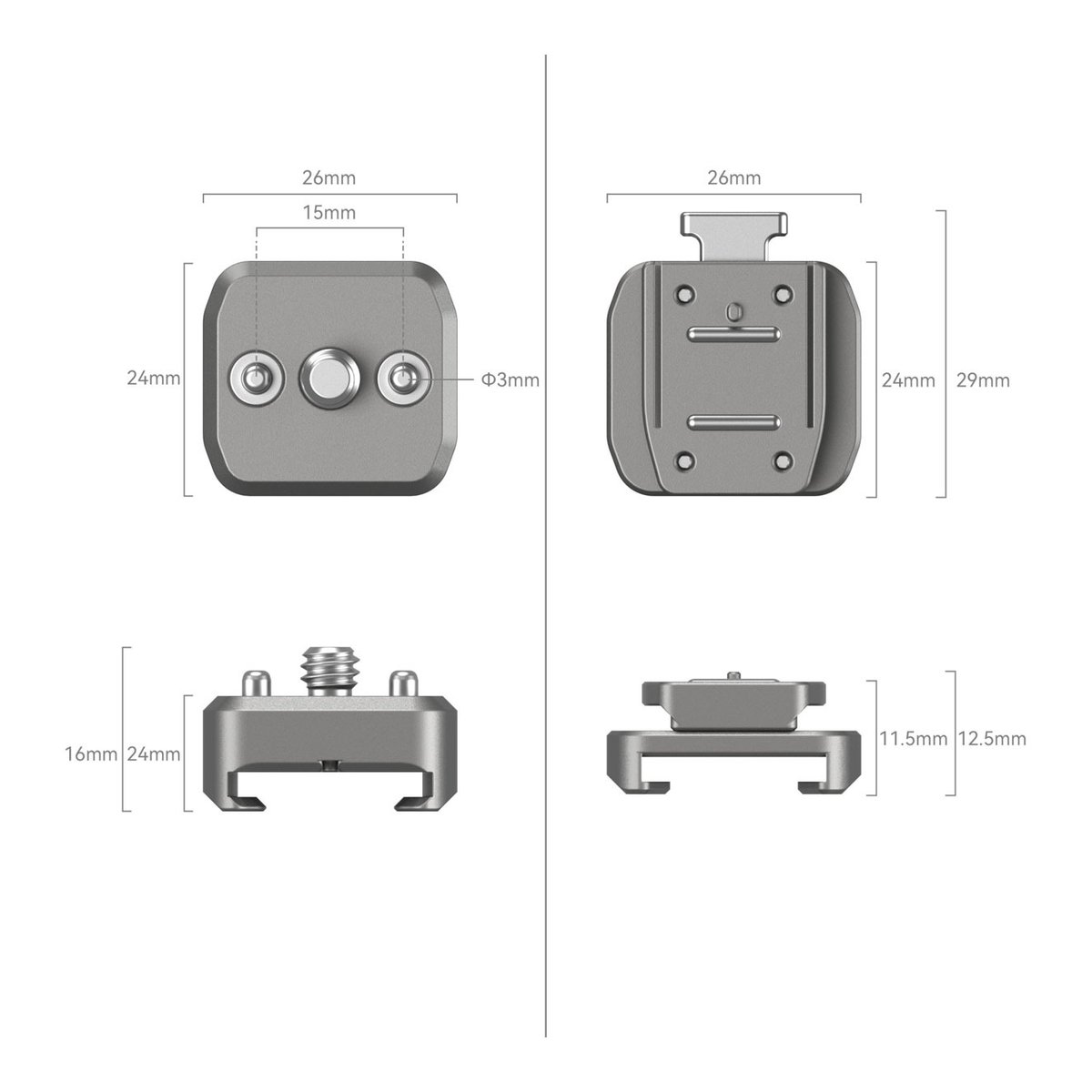 SmallRig 4500 HawkLock H18 QR Support mit Cold Shoe - Maßzeichnung des Produkts mit allen Ansichten und Bemaßungen.