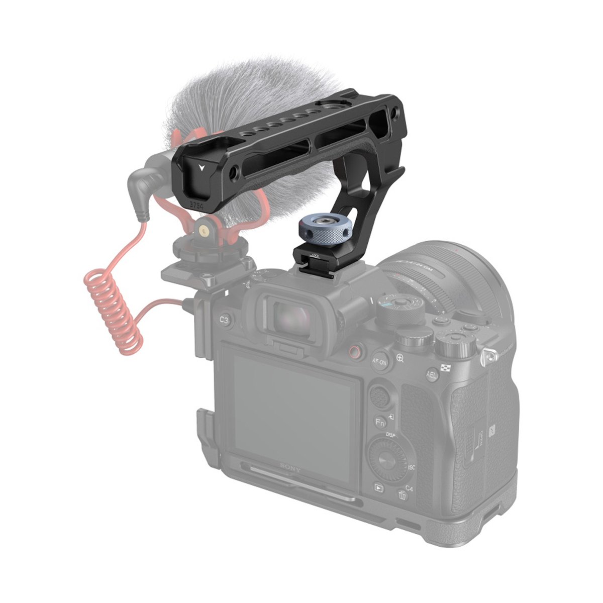 SmallRig 3764 Top Handle mit Cold Shoe Lite - Anwendungsbeispiel: Top-Griff und Mikrofon auf Kamera montiert.