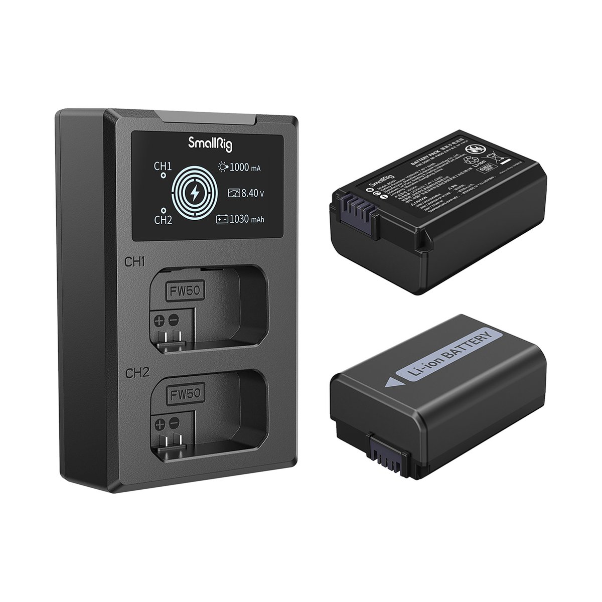 SmallRig 3818 NP-FW50 Akku u. Ladegerät Kit - Lieferumfang: SmallRig Dual-Ladegerät mit Display und zwei NP-FW50 Akkus