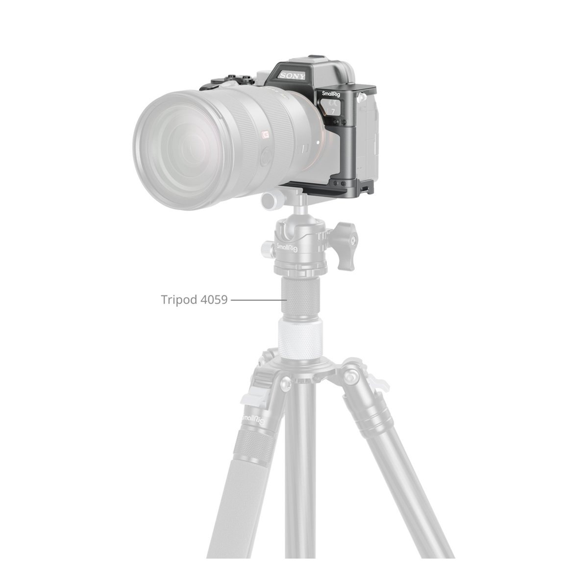 SmallRig 4798 Hybrid Modular Cage für Sony Alpha 7 IV - Anwendungsbeispiel: Stativ 4059 mit montierter Kamera und SmallRig Cage.