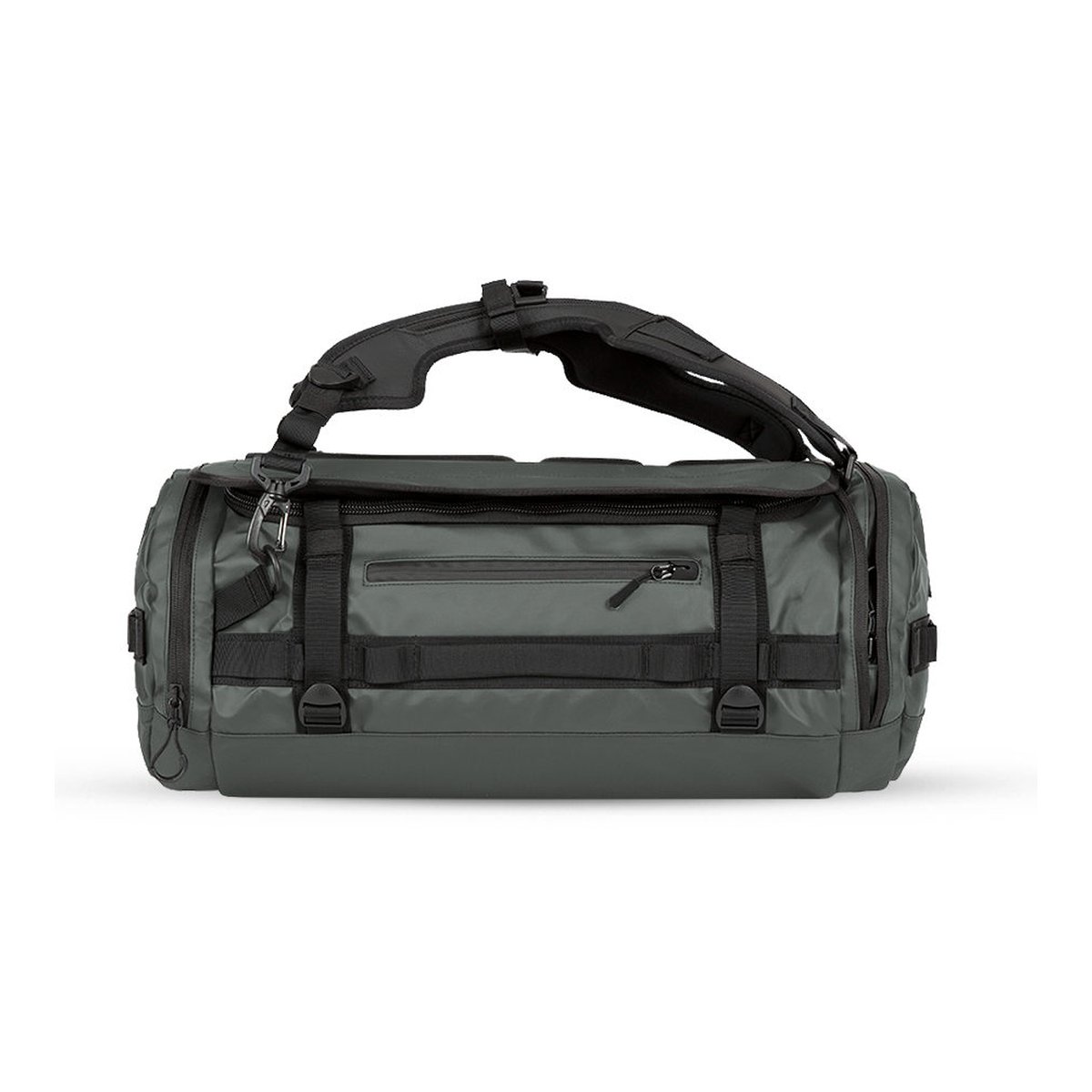 WANDRD HEXAD CARRYALL DUFFEL 40-Liter Wasatch Green - Frontansicht einer dunkelgrünen Duffelbag mit Schultergurt.