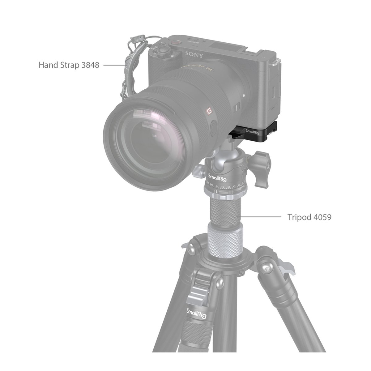 SmallRig 4314 Baseplate für Sony ZV-E1 - Anwendungsbeispiel: Eine Kamera mit Handgurt 3848 auf Stativ 4059 montiert. SmallRig 4314 Baseplate für Sony ZV-E1 - Anwendungsbeispiel: Eine Kamera mit Handgurt 3848 auf Stativ 4059 montiert.