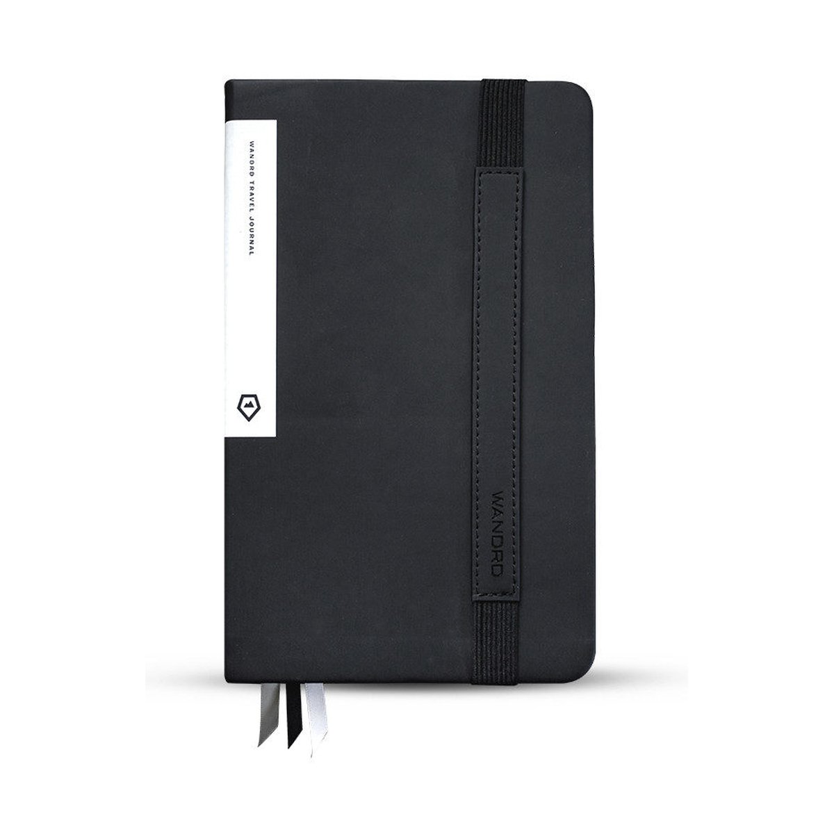 WANDRD THE TRAVEL JOURNAL Black - Frontansicht schwarzes Notizbuch mit Gummiband & Stiftschlaufe