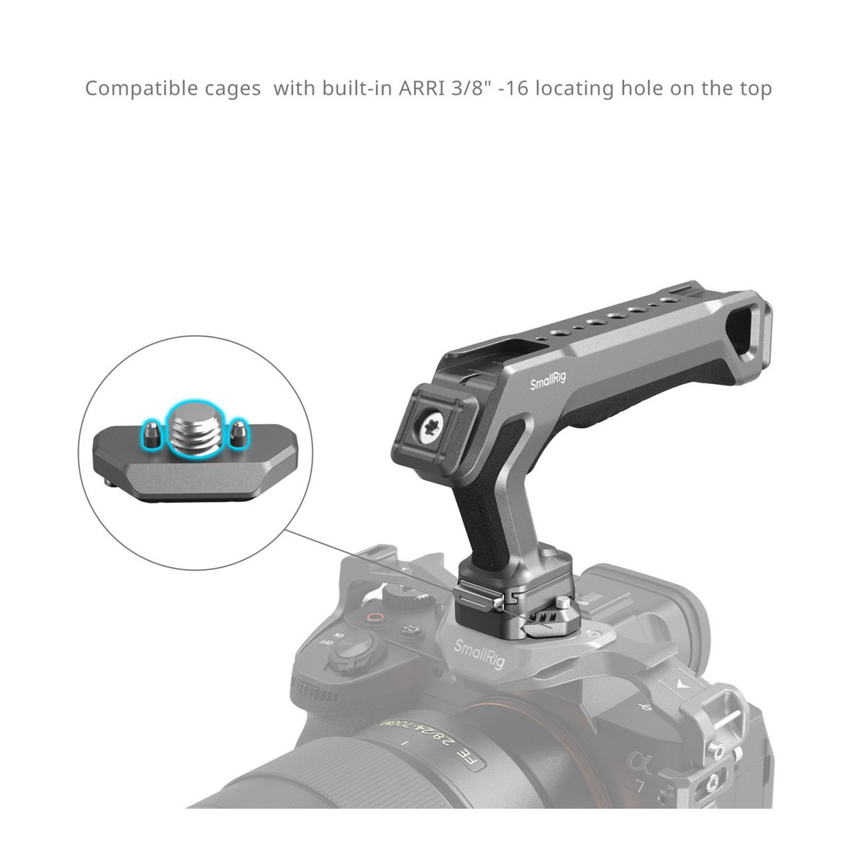 SmallRig 4483 HawkLock H21 QR Top Handle Kit - Detailansicht: Befestigung des Kameragriffs mit ARRI 3/8"-16 Verdrehsicherung am Kameracage