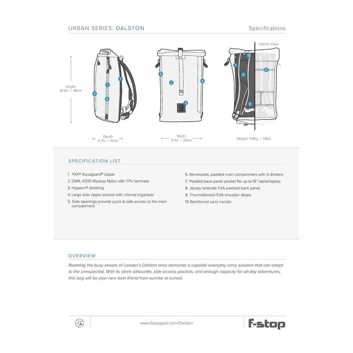 F-Stop Dalston Aloe (Olivgrün) - Produktspezifikationen: Technische Zeichnungen des Rucksacks (Seiten-, Front-, Innenansicht) und Feature-Liste.