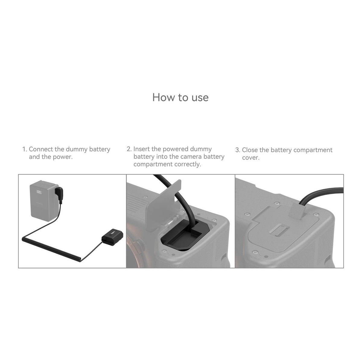 SmallRig 4253B D-Tap zu NP-FZ100 Dummy Batterie Stromkabel (Sony) - Anwendungsanleitung: Installation des Dummy-Akkus in der Kamera.