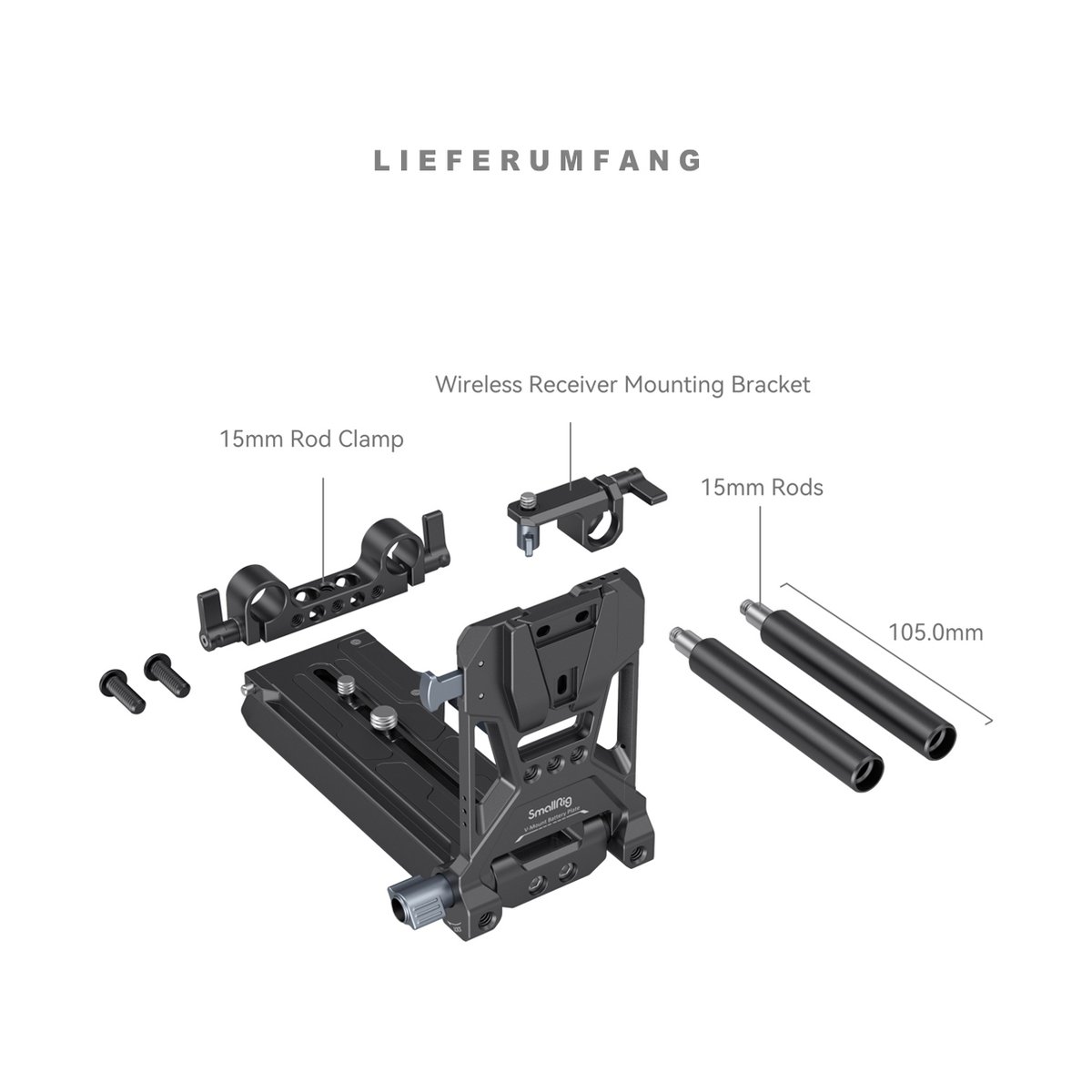 SmallRig 4323 V-Mount Battery Mount Plate Kit für Cinema Cameras - Lieferumfang: Kamera-Rig-System mit Basisplatte, 15mm Stangenklemme, Funkempfänger-Halterung und zwei 15mm Stangen.