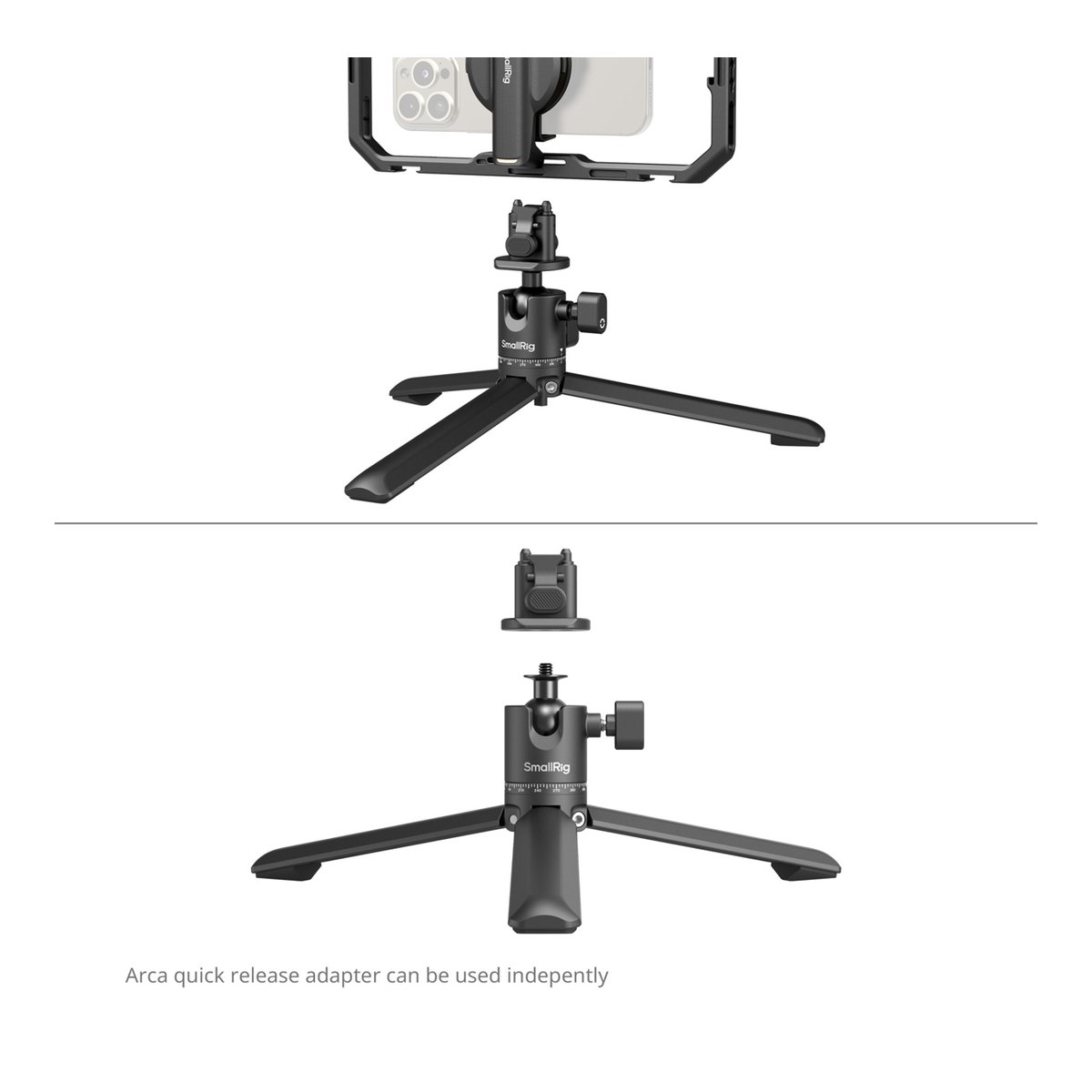 SmallRig 4704 All in one Video Kit für Smartphone Creators - Anwendungsbeispiel und modularer Aufbau mit abnehmbarem Arca-Schnellwechseladapter