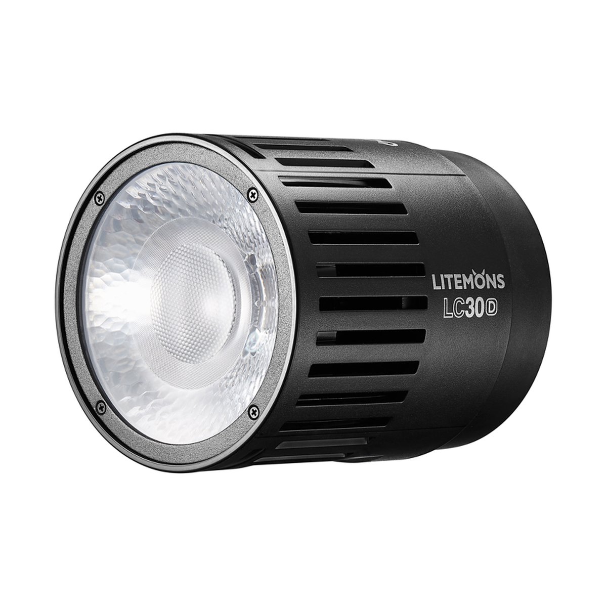 Godox Litemons LED Tabletop Video Light Double Light Kit - Frontansicht LITEMONS LC30D LED-Leuchte mit beleuchtetem Chip und Belüftungsschlitzen.