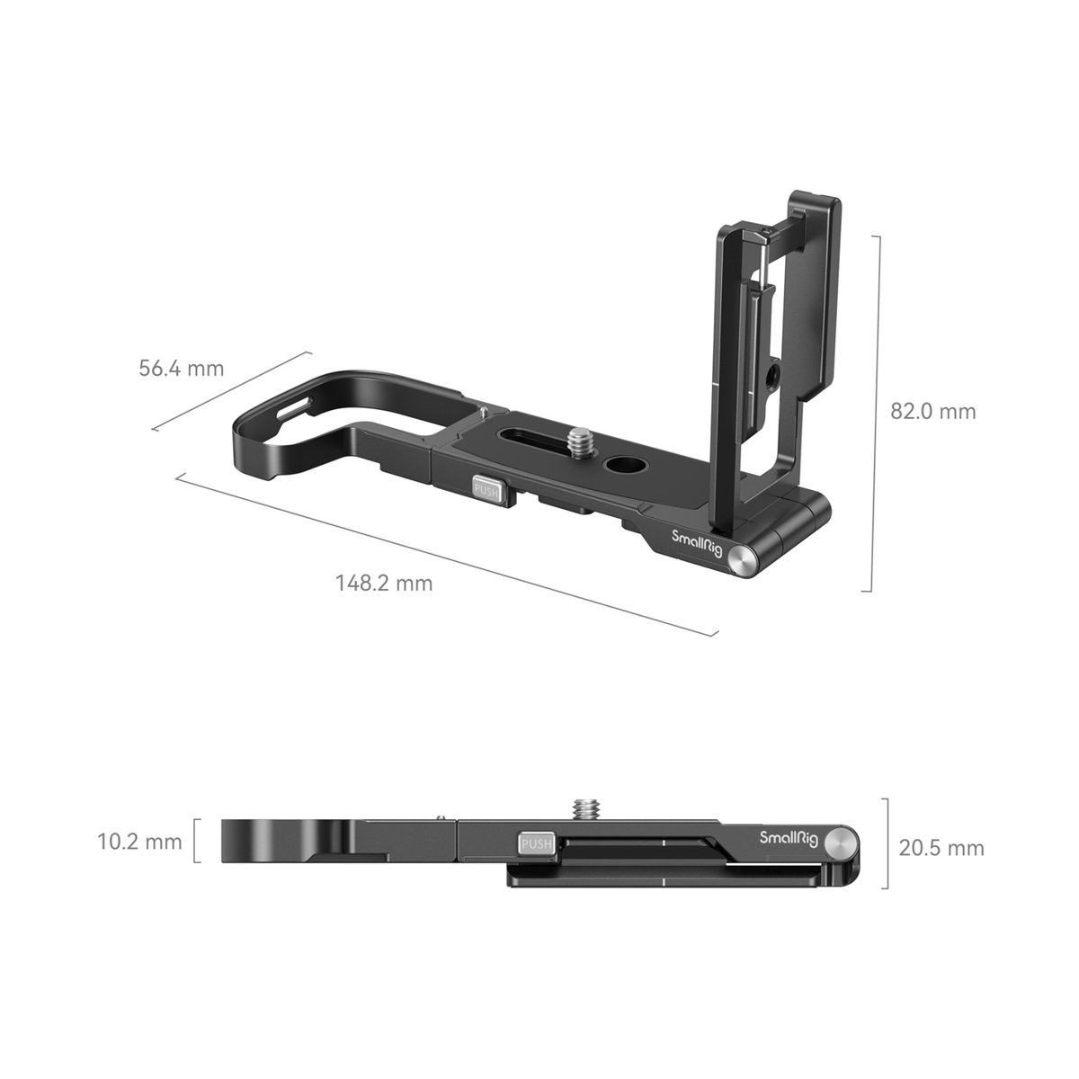 SmallRig 4211 Faltbares L-Bracket für Canon EOS R8 - Abmessungen des SmallRig L-Brackets in Perspektiv- und Seitenansicht.