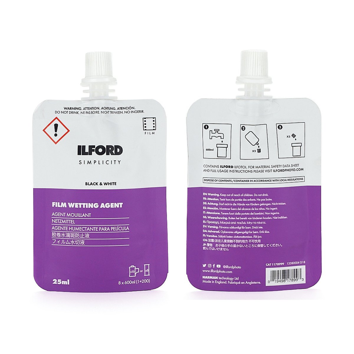 Ilford Simplicity Starter Kit Fotochemie zur SW-Filmentwicklung (2xKB oder 1xRF) - Front- und Rückansicht des Ilford Simplicity Film Wetting Agent