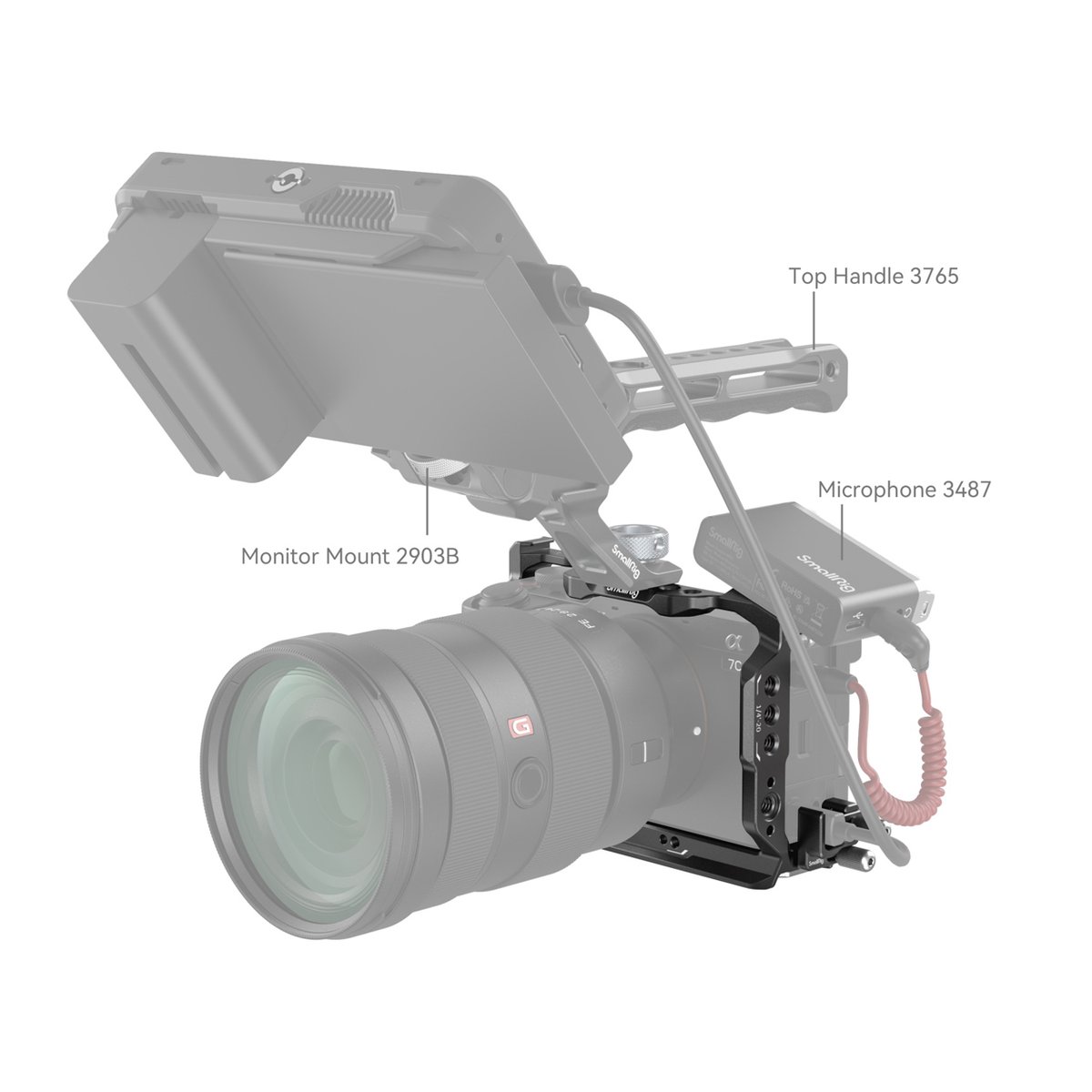 SmallRig 4422 Cage Kit für Sony Alpha 7C II/Alpha 7CR - Anwendungsbeispiel: Seitliche Ansicht eines Kamera-Rigs mit SmallRig Monitor Mount, Top Handle, Mikrofon.