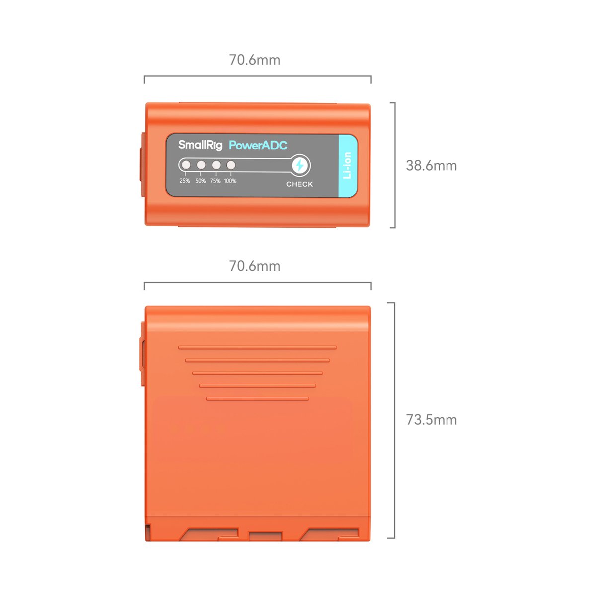 SmallRig 4972 NP-F970 USB-C Rechargeable Camera Battery (Orange) - Vorder- und Seitenansicht der SmallRig PowerADC Batterie mit Produktmaßen