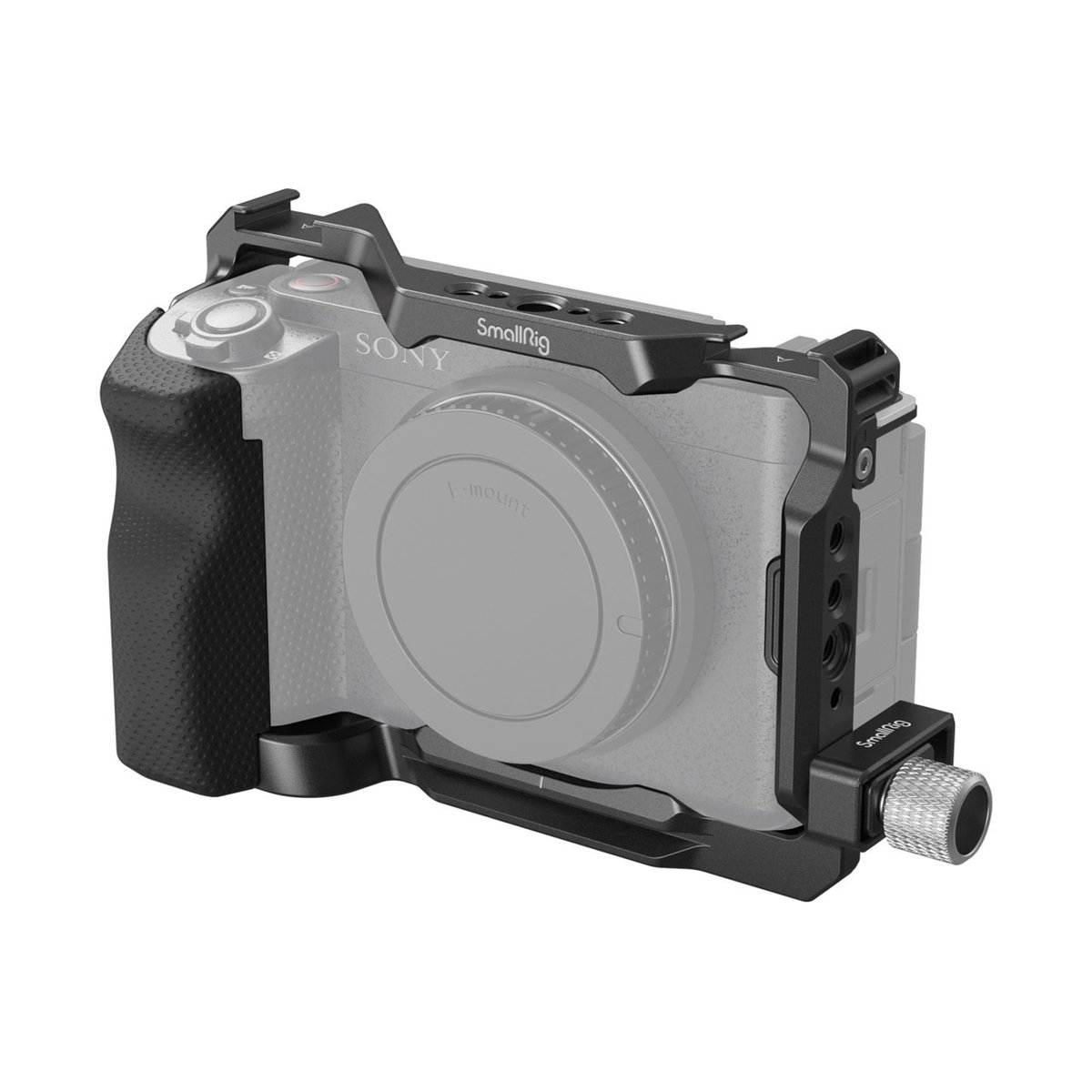 SmallRig 4257 Cage Kit Sony ZV-E1 - SmallRig Vollkäfig für Sony Kamera (Frontale 3/4-Ansicht) mit integriertem Griff und Zubehör-Mounts.
