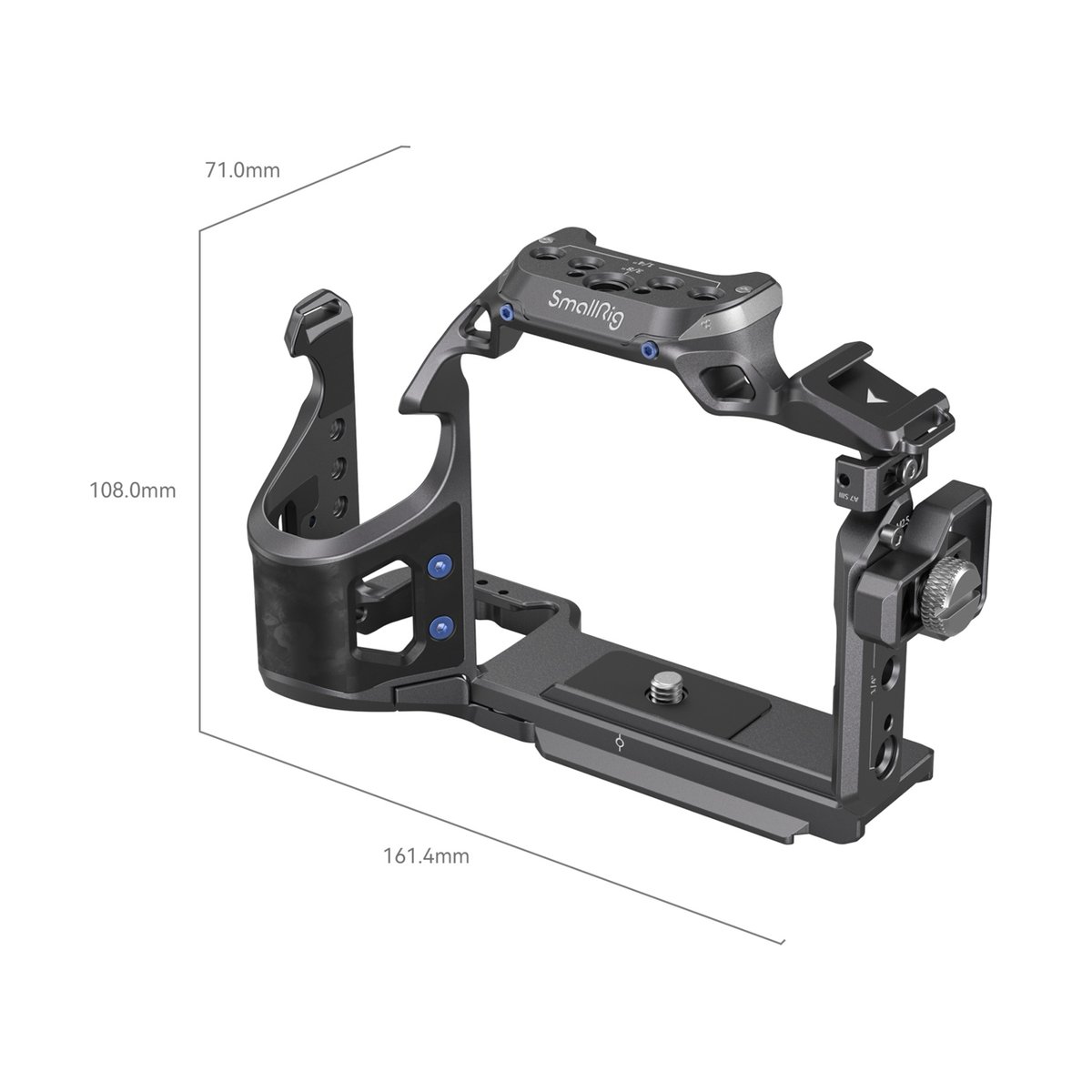 SmallRig 4308 Rhinoceros Basic Cage Kit für Sony Alpha 7R V/IV/7S III - Kamerakäfig: Abmessungen in perspektivischer Ansicht mit Bemaßung.