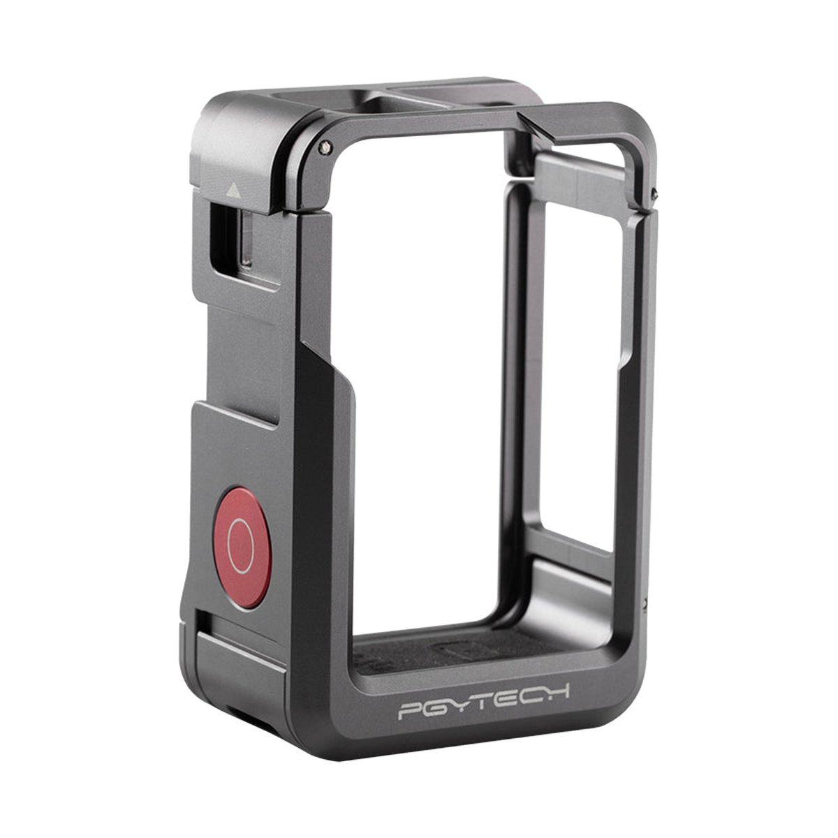 PGYTECH OSMO Action 3 Camera Cage - PGYTECH Kamerakäfig in Dunkelgrau mit rotem Knopf, Frontansicht