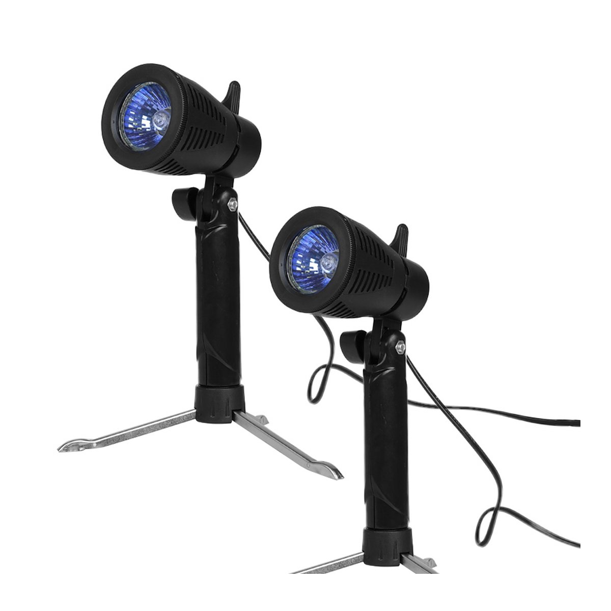Caruba Tragbares Fotostudio 40x40x40cm mit Separaten Halogenlampen - Frontansicht von zwei schwarzen Strahlern mit blauen Lichtern auf Stativen.