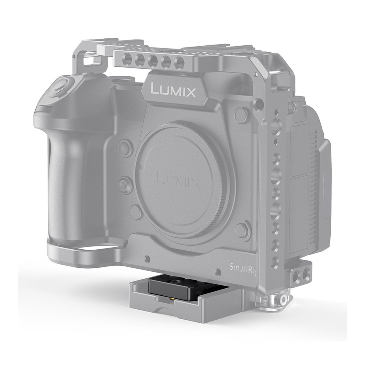 SmallRig 2146B Quick Release Platte Arca-Kompatibilität - Frontansicht: SmallRig Kamera-Cage für Lumix mit unterer SSD-Halterung