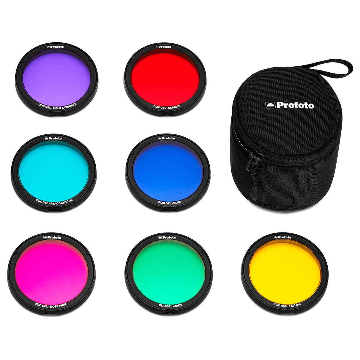 Sieben unterschiedlich farbige Profoto Clic Gels und Schutztasche des Profoto Clic Effect Kit