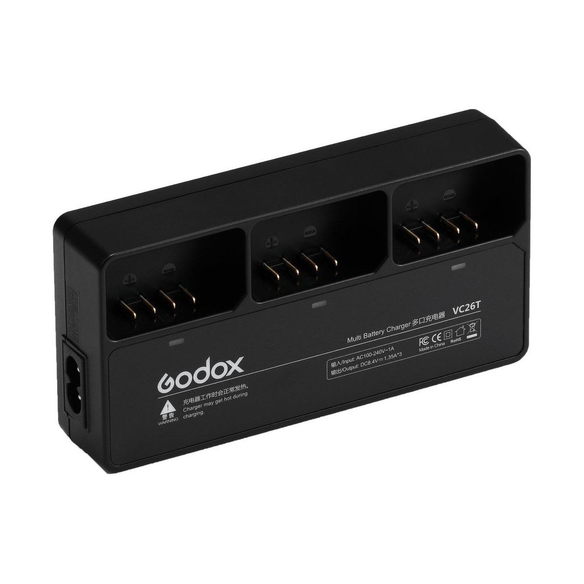 Godox V1 Multiple Battery Charging Station - Vorderansicht des Godox VC26T Multi-Batterieladegeräts, das drei Ladeschächte und das Godox-Logo zeigt.