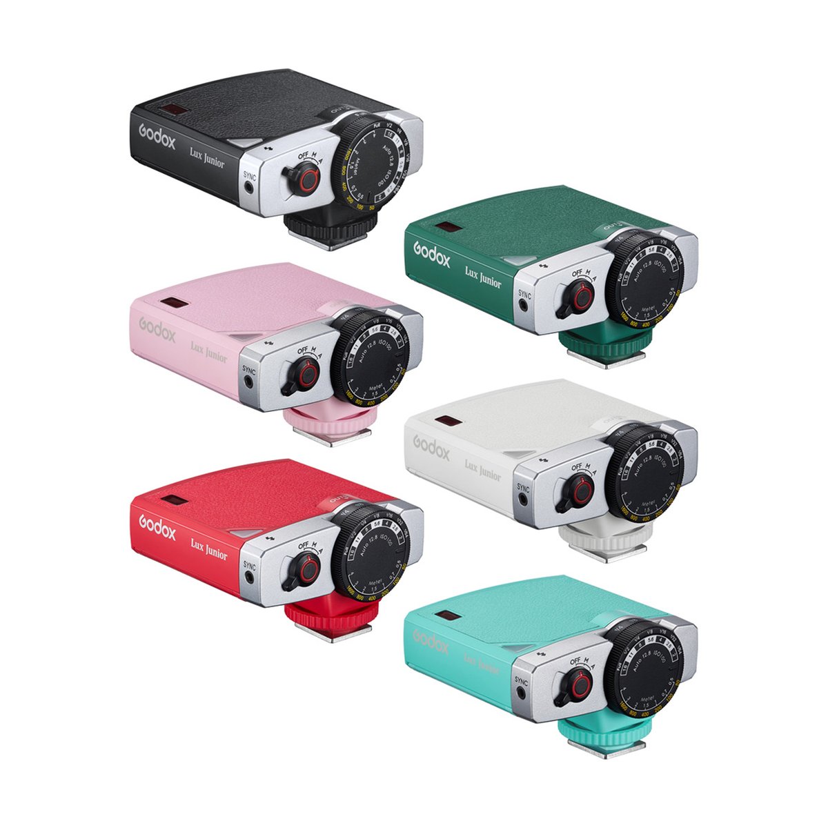 Godox Retro Lux Junior Blau - Übersicht: Godox Lux Junior Kamerablitze in Schwarz, Grün, Pink, Weiß, Rot und Türkis.