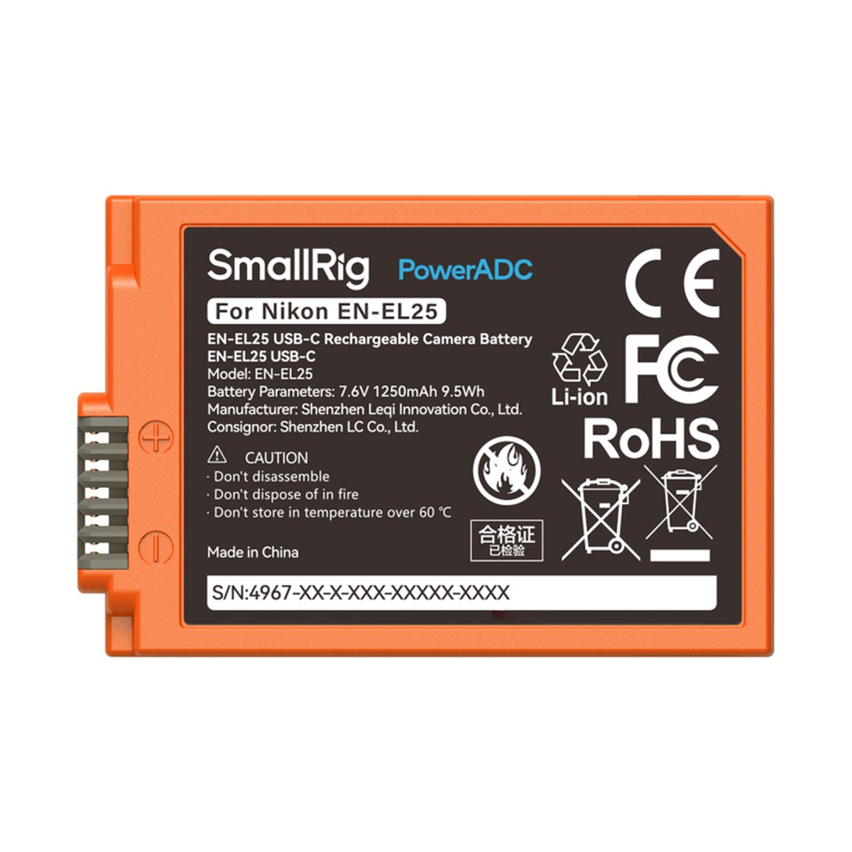 SmallRig 4967 EN-EL25 USB-C Rechargeable Camera Battery (Orange) - Vorderansicht der SmallRig PowerADC EN-EL25 Kamera-Batterie mit beschriftetem Etikett.