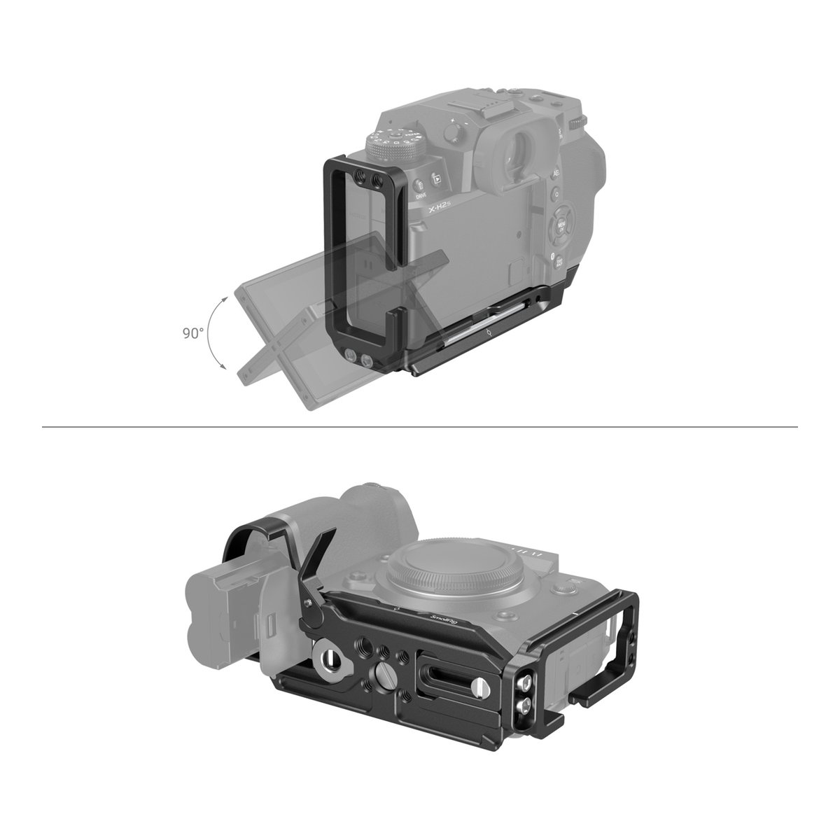 SmallRig 3928B L-Bracket für Fujifilm X-H2 / X-H2S - Anwendungsbeispiel Kamerakäfig auf Kamera: 90° Bildschirmdrehung & freier Zugang zum Batteriefach.