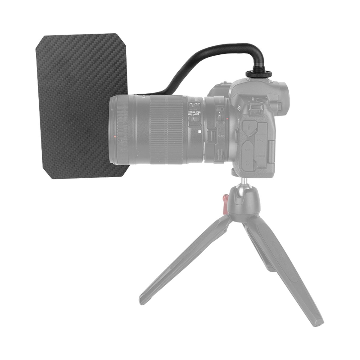 SmallRig 3199 Simple Shade, Blendschutz - Anwendungsbeispiel: Kamera mit Flexarm und Lichtschutz am Objektiv auf Stativ