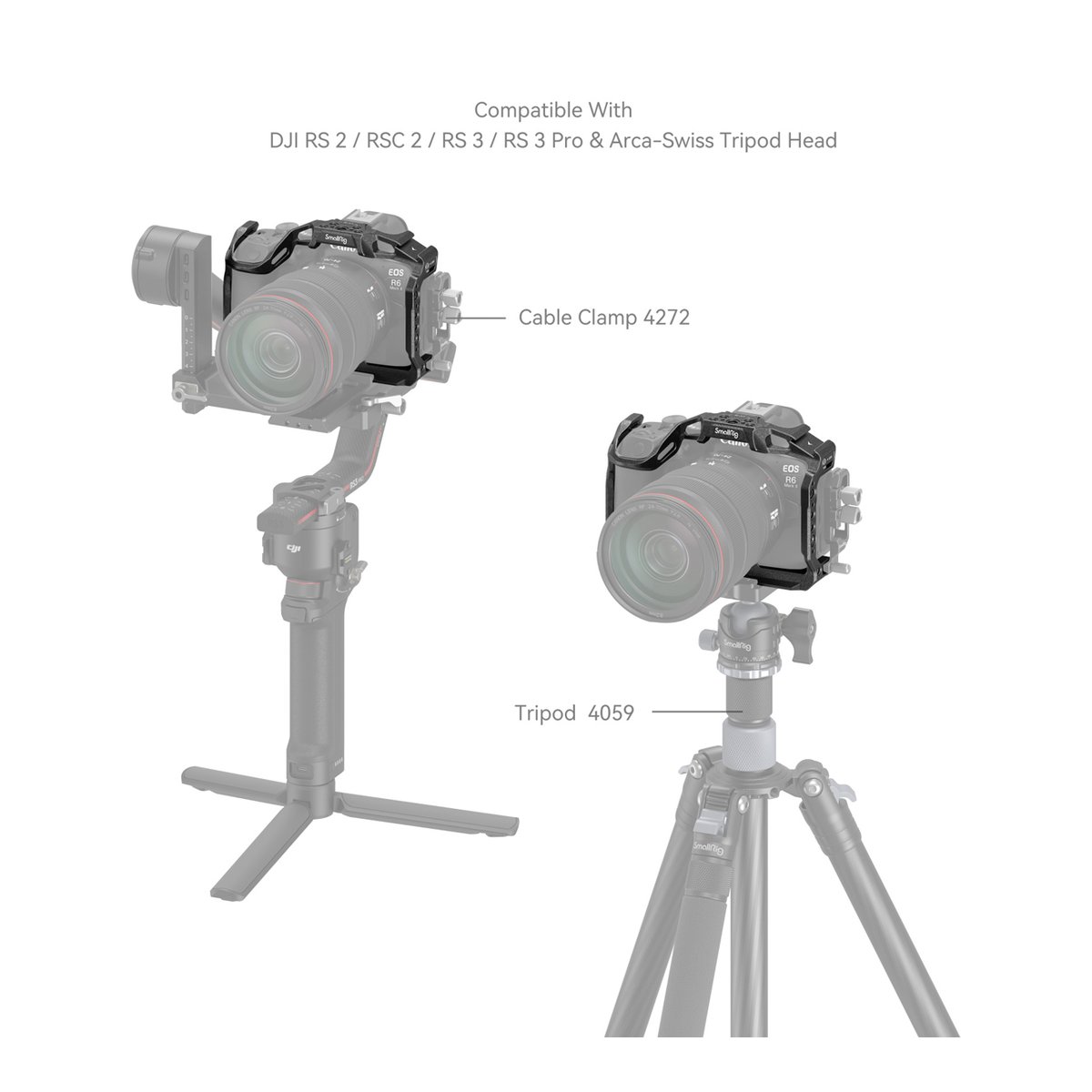 SmallRig 4161 Cage Black Mamba für Canon EOS R6 Mark II - Anwendungsbeispiel & Kompatibilität: Kamerakäfig auf DJI Gimbal und Arca-Swiss Stativ.
